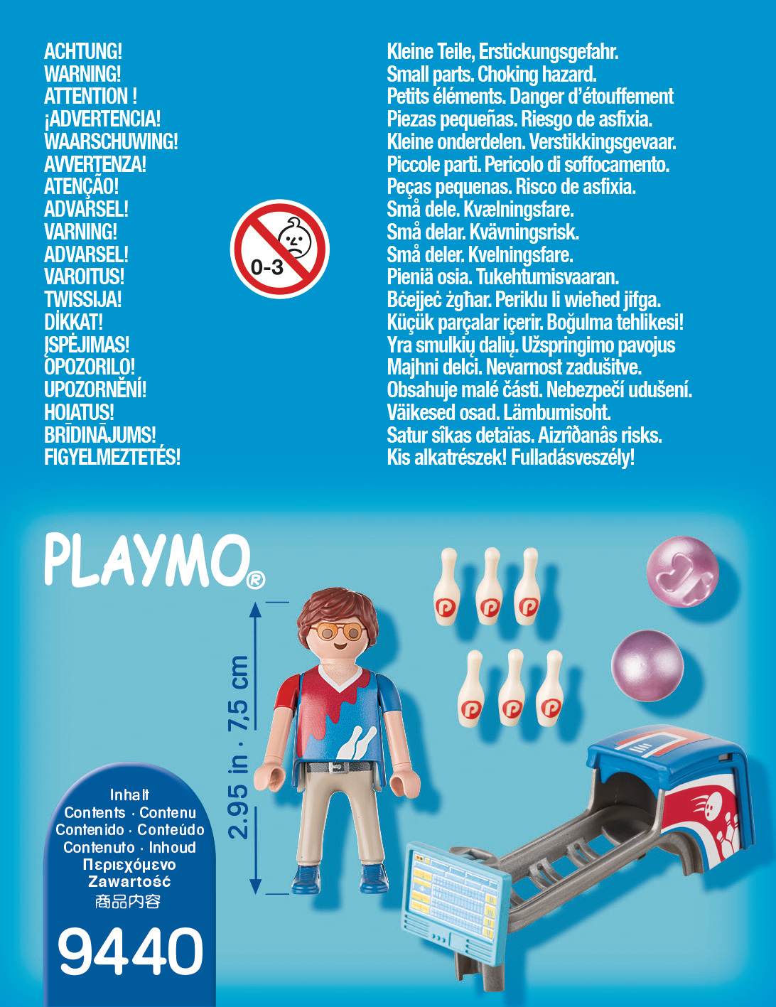 Zestaw do kręgli Playmobil. Figurka i kręgle z przodu. Tor do kręgli po prawej stronie.