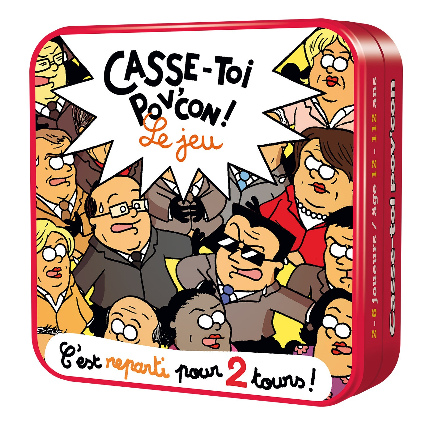 Una scatola di gioco da tavolo con molti personaggi dei cartoni animati. Il testo dice 'Casse-Toi Pov'Con! Le jeu'.