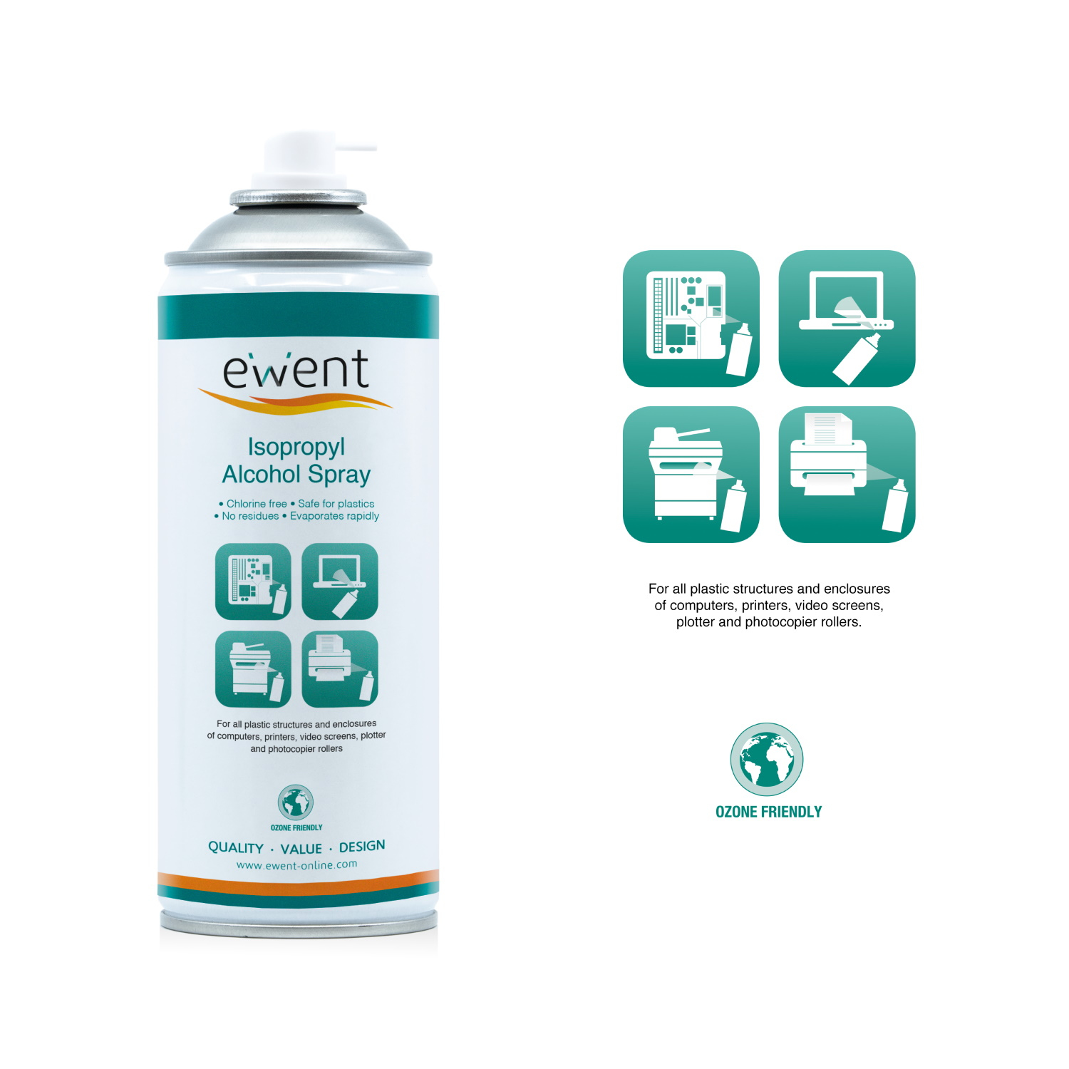 Una bomboletta di ewent Isopropyl Alcohol Spray. È bianca con grafica e testo turchese e verde.
