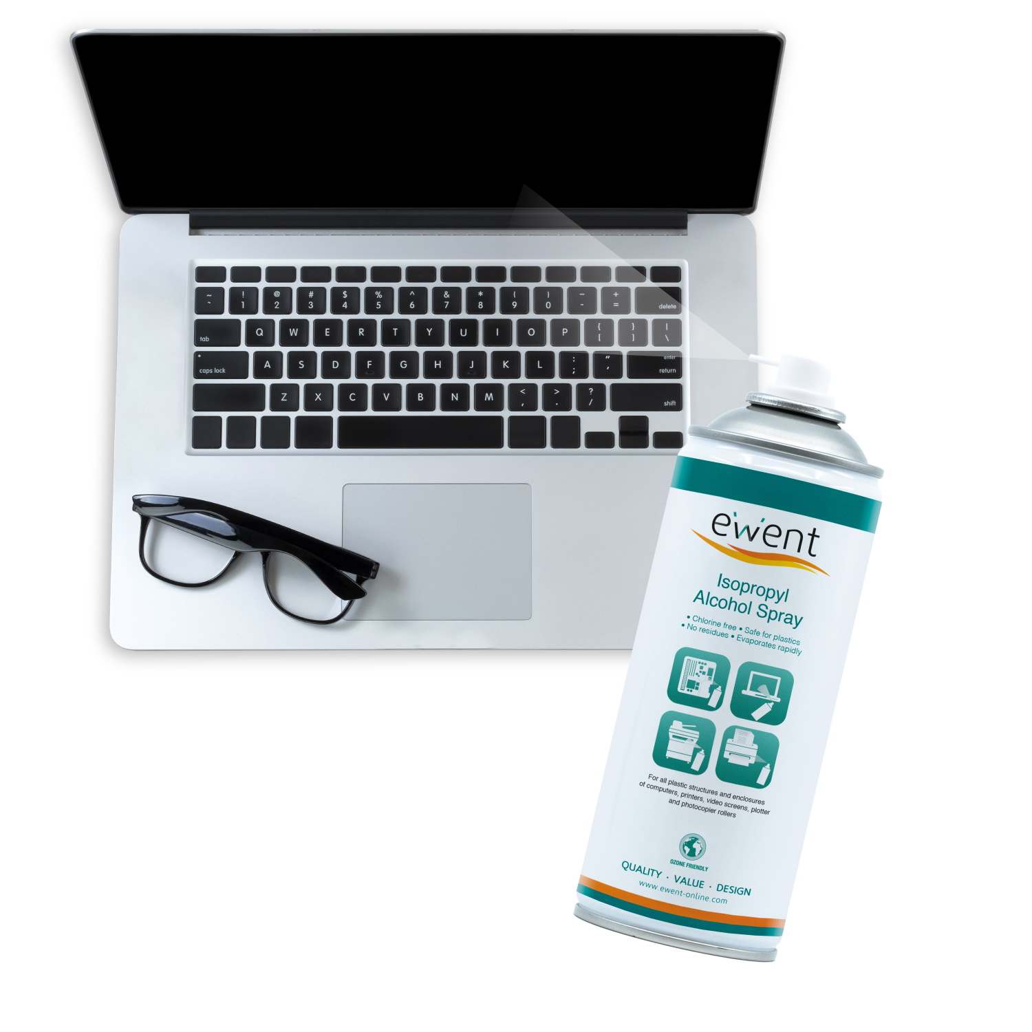 Laptop con occhiali e bomboletta spray di detergente all'alcool isopropilico.