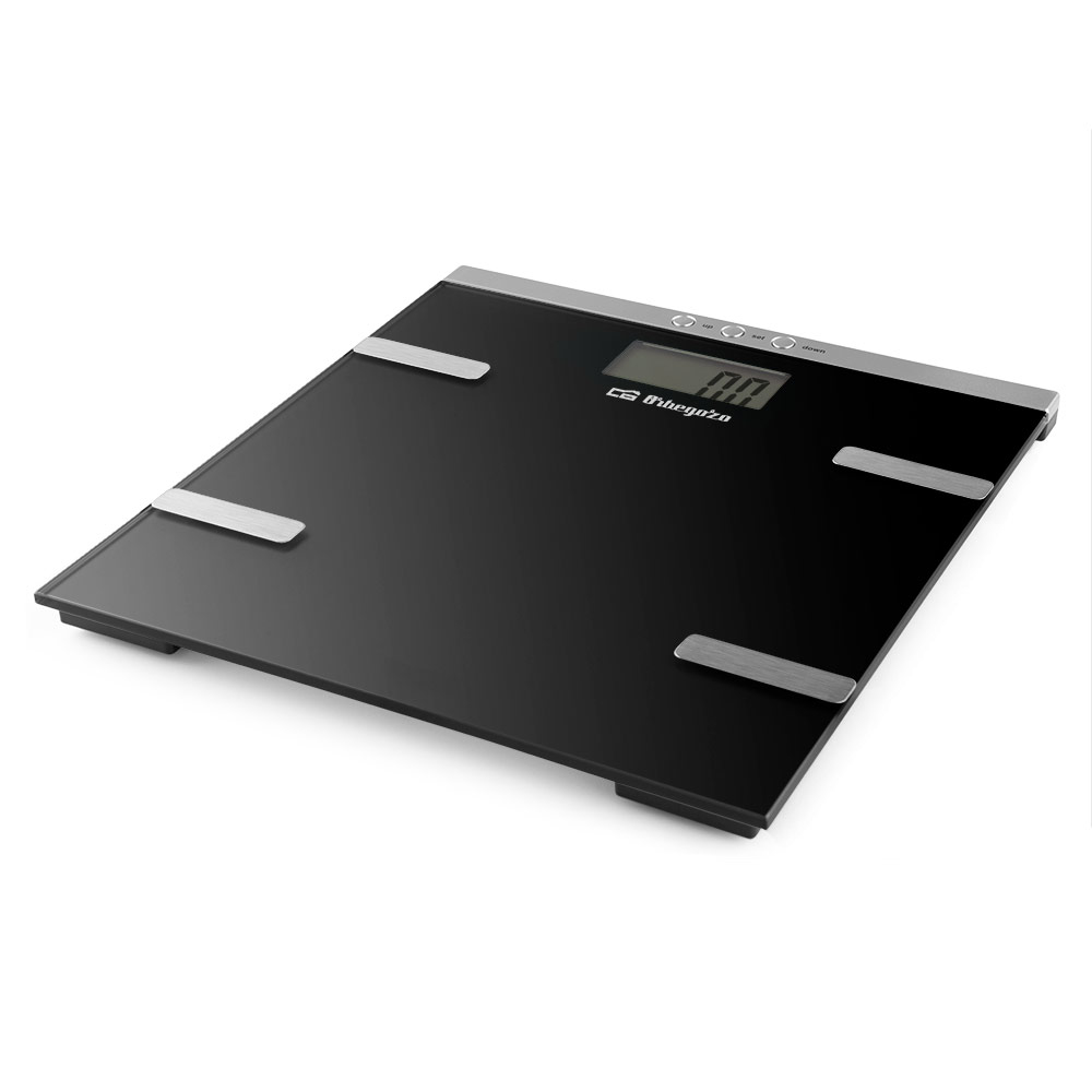 Czarna i srebrna cyfrowa waga łazienkowa z wyświetlaczem '0.0'.