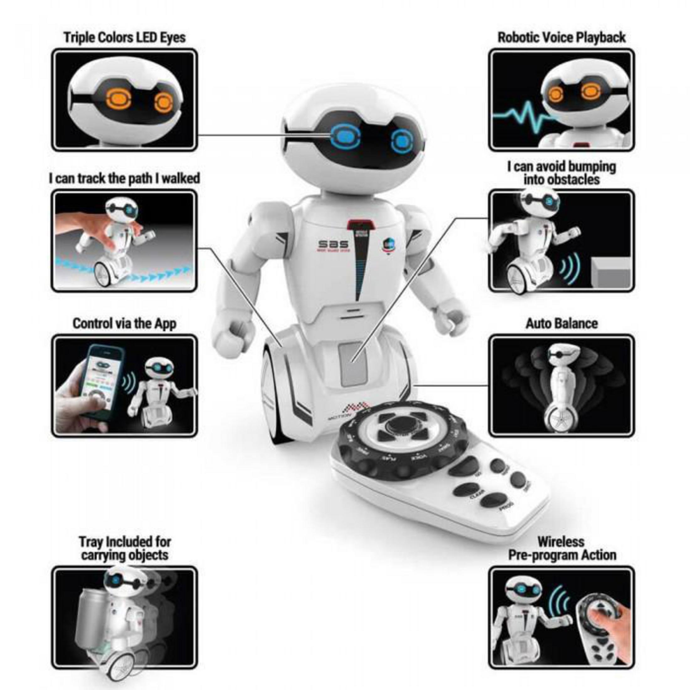 Zabawka robota z pilotem. Robot jest biały z niebieskimi oczami. Różne schematy funkcji wokół niego.