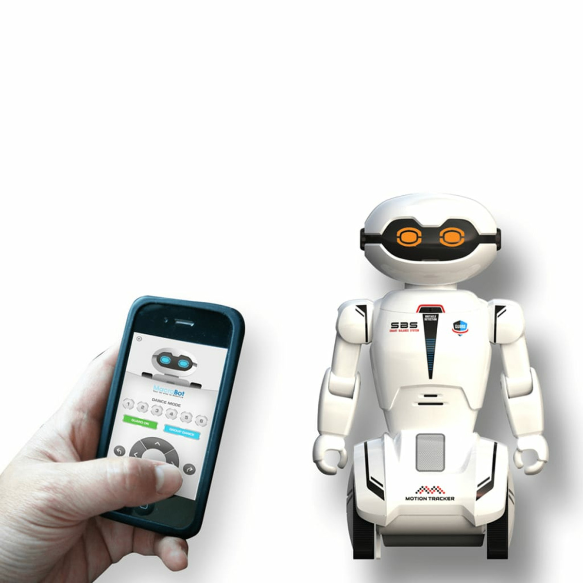 Robot z telefonem wyświetlającym aplikację, obok innego robota.