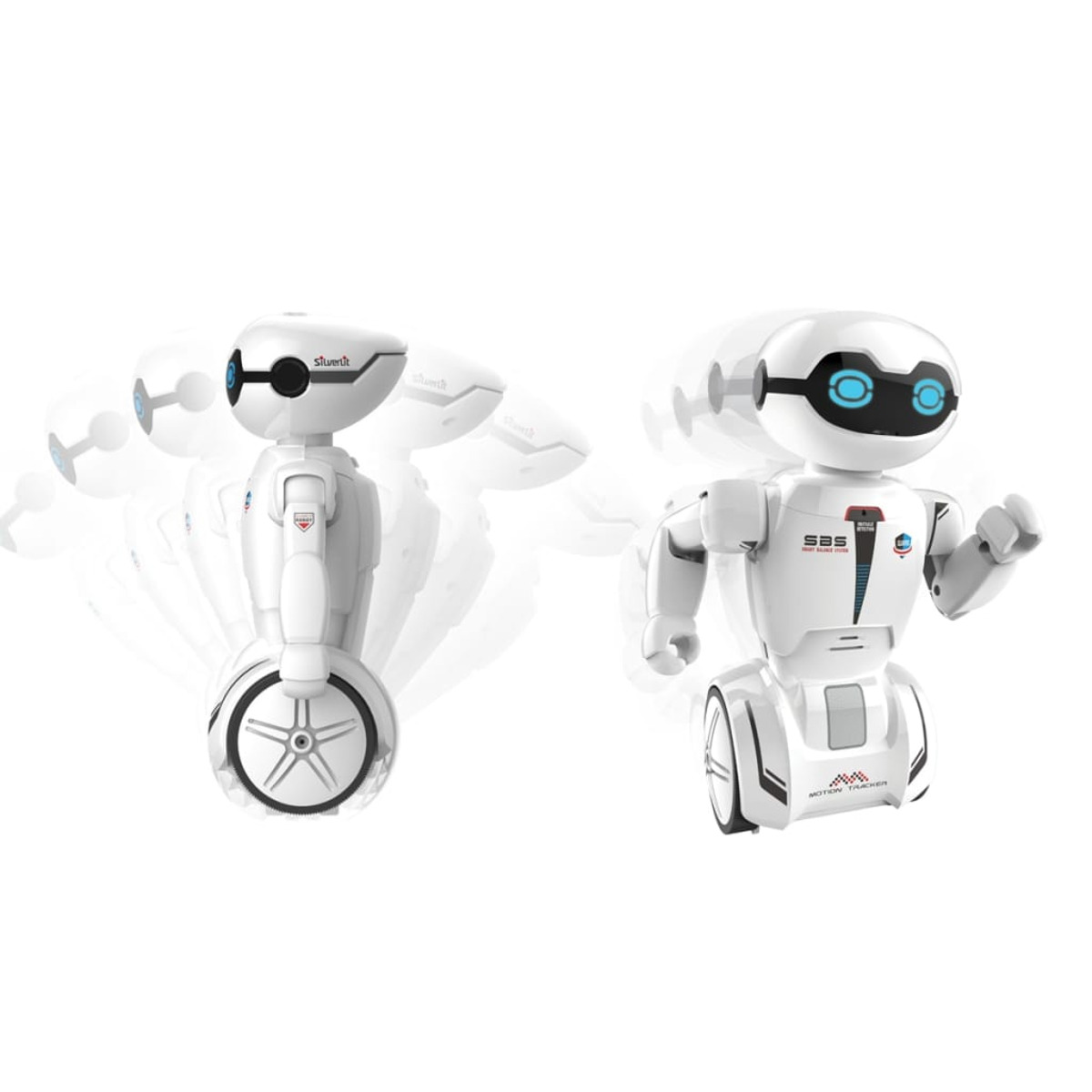 Dwa białe roboty z niebieskimi oczami, na kołach.