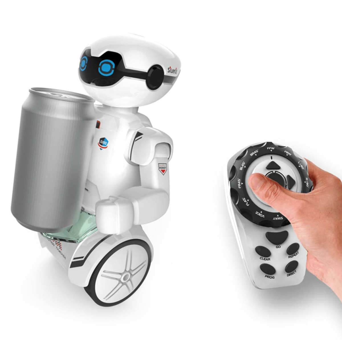 Biały robot trzymający puszkę i pilot w dłoni.