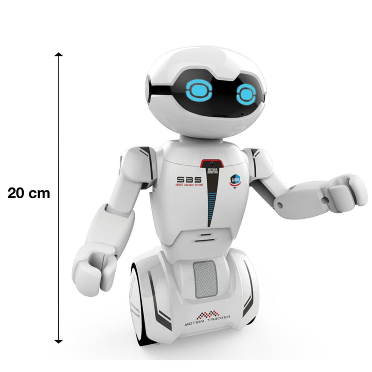 Biały robot z niebieskimi oczami, rozłożonymi ramionami, ze strzałką 20 cm.