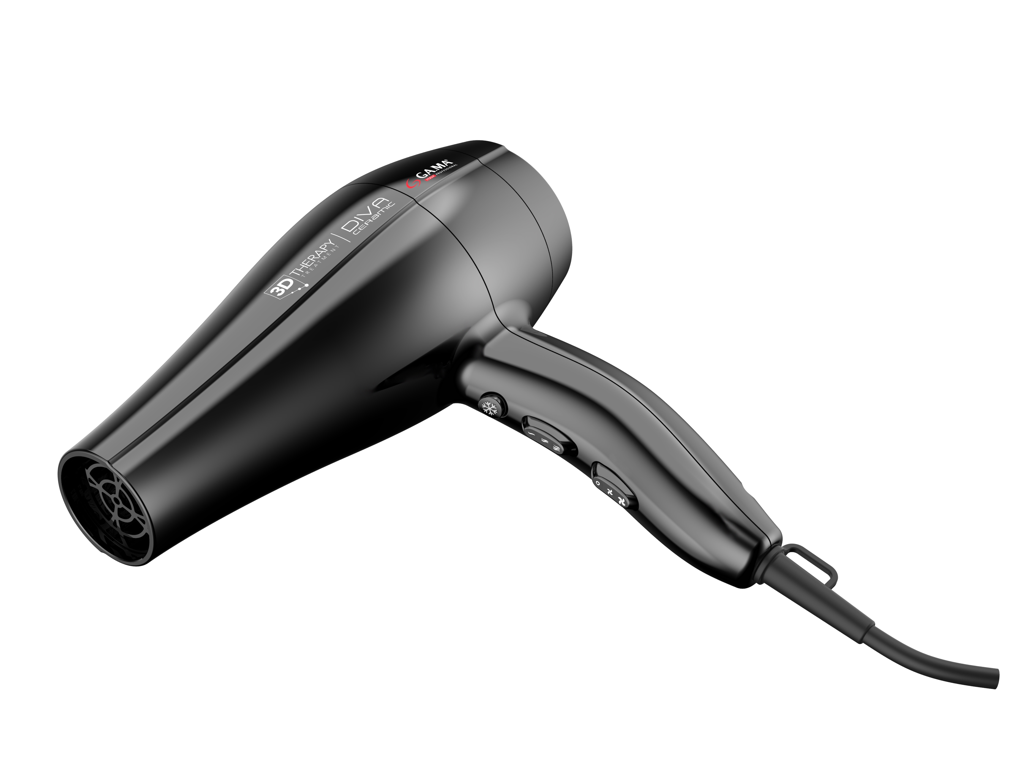 Czarna suszarka do włosów, marki GAMA, widok z boku.