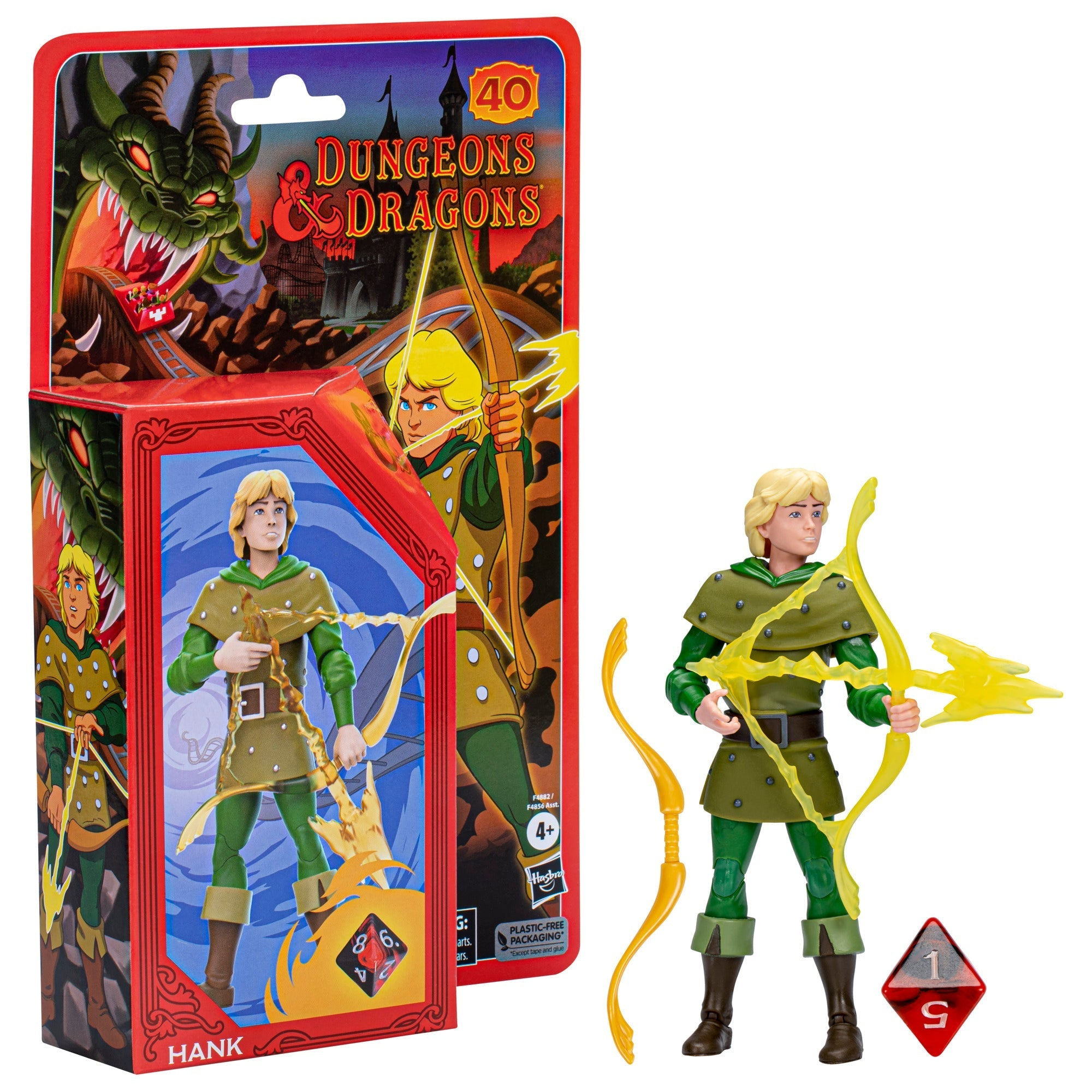 Una action figure di Hank di Dungeons & Dragons con un arco e la sua confezione con l'immagine del personaggio.