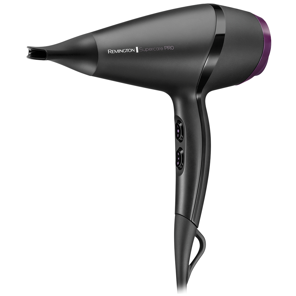 Un asciugacapelli Remington Supercare PRO nero con dettagli viola, visto lateralmente.