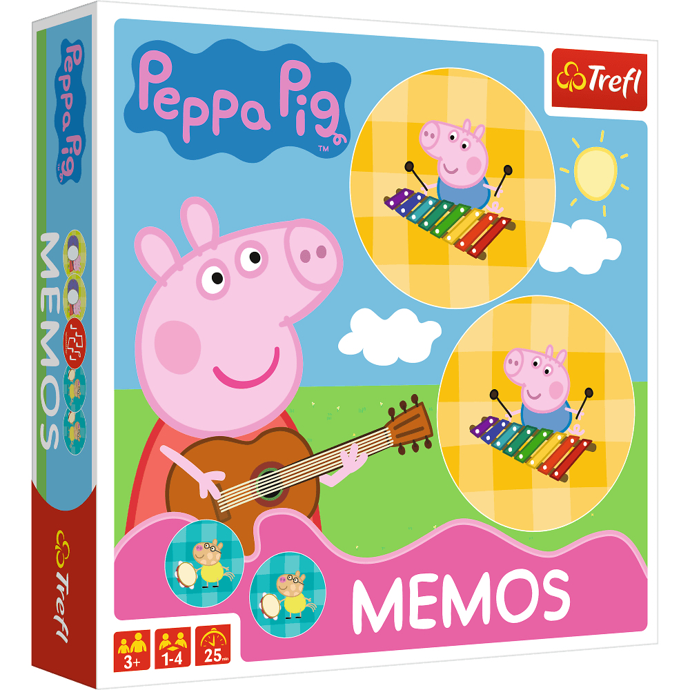 Een Peppa Pig-speldoos met Peppa Pig en vrienden. De doos heeft een kleurrijk ontwerp en het woord 'MEMOS'.