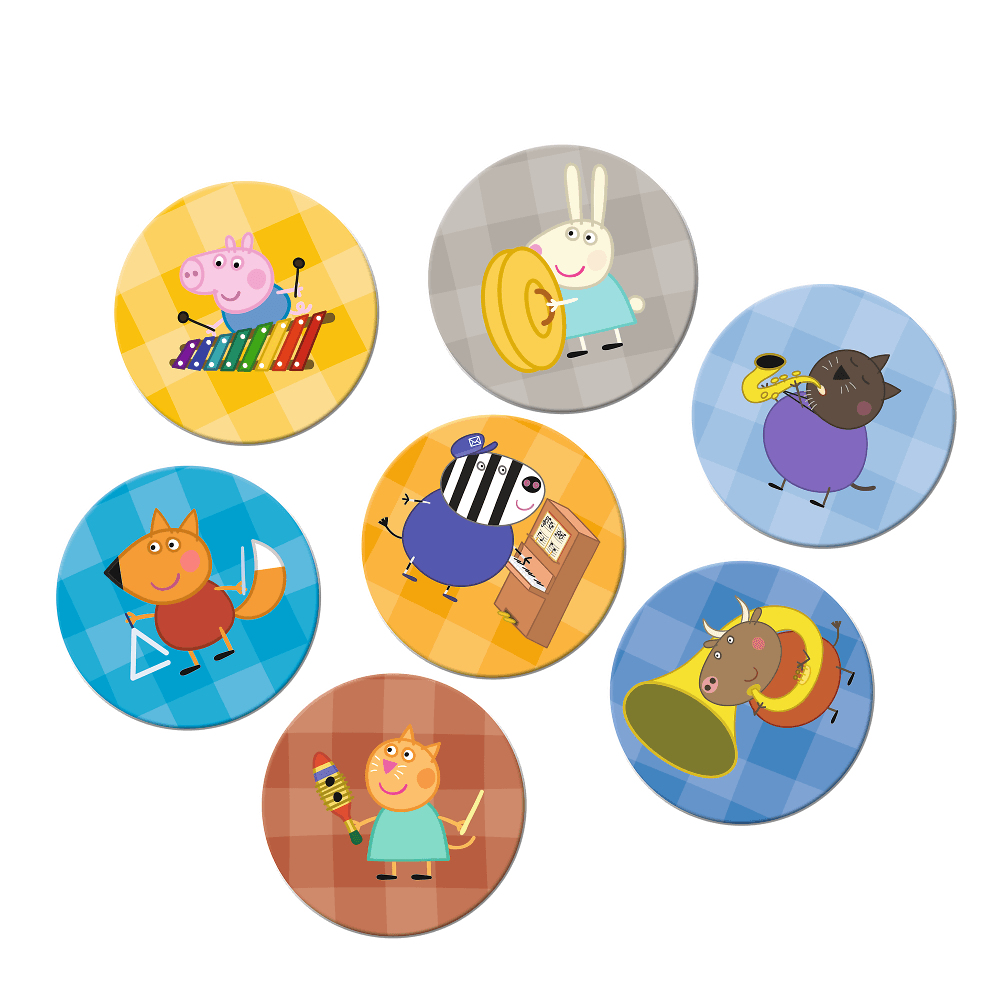 Zeven tekenfilmfiguren, elk op een kleurrijke cirkel, die een cirkelvormig ontwerp vormen. De personages zijn dieren.