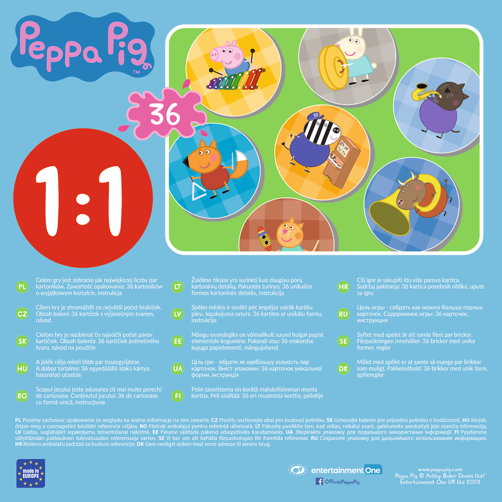Een Peppa Pig educatief spel met kaarten en het rode nummer 36 op een witte achtergrond.