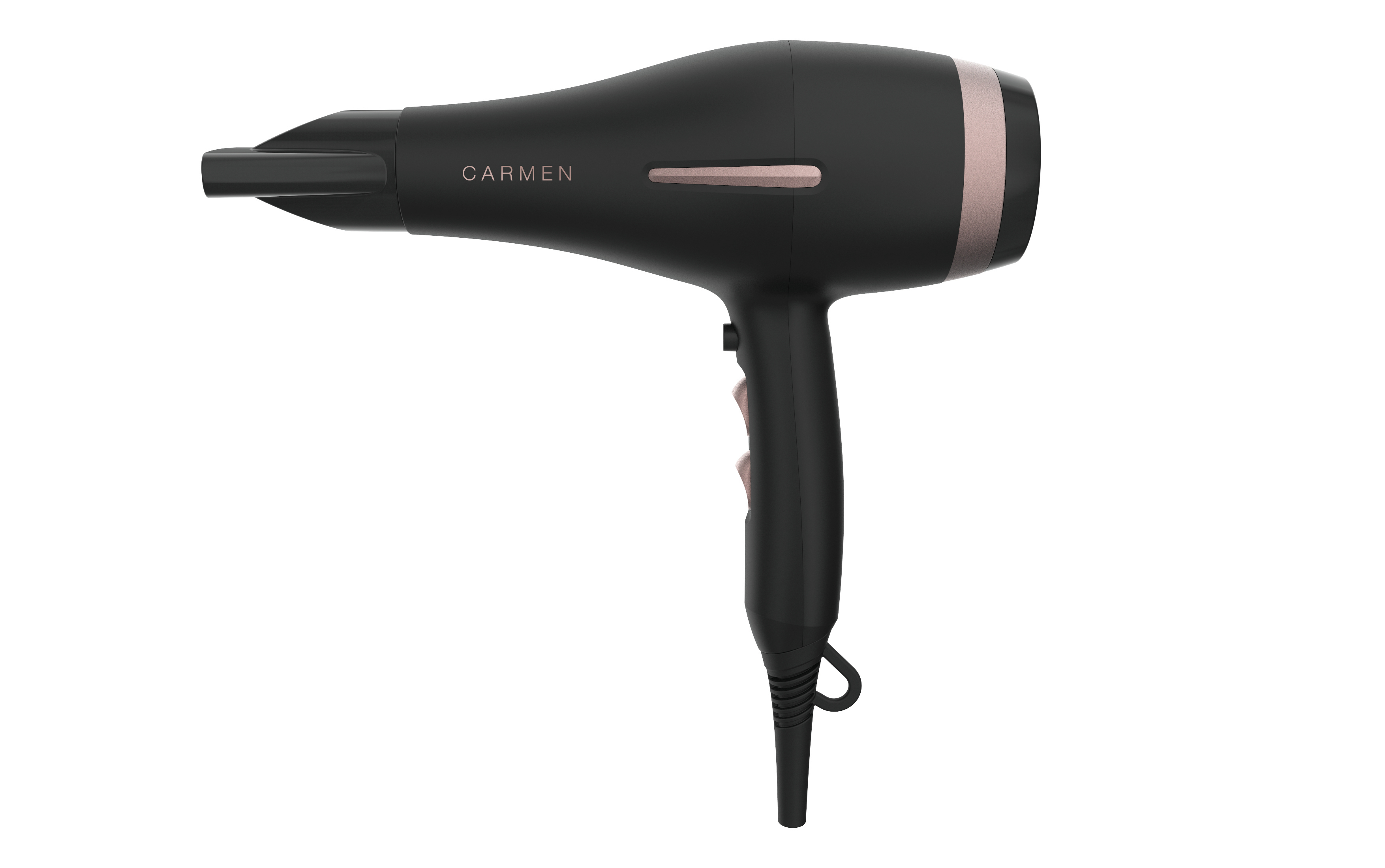 Un asciugacapelli Carmen nero con dettagli oro rosa su sfondo bianco, visto di lato.