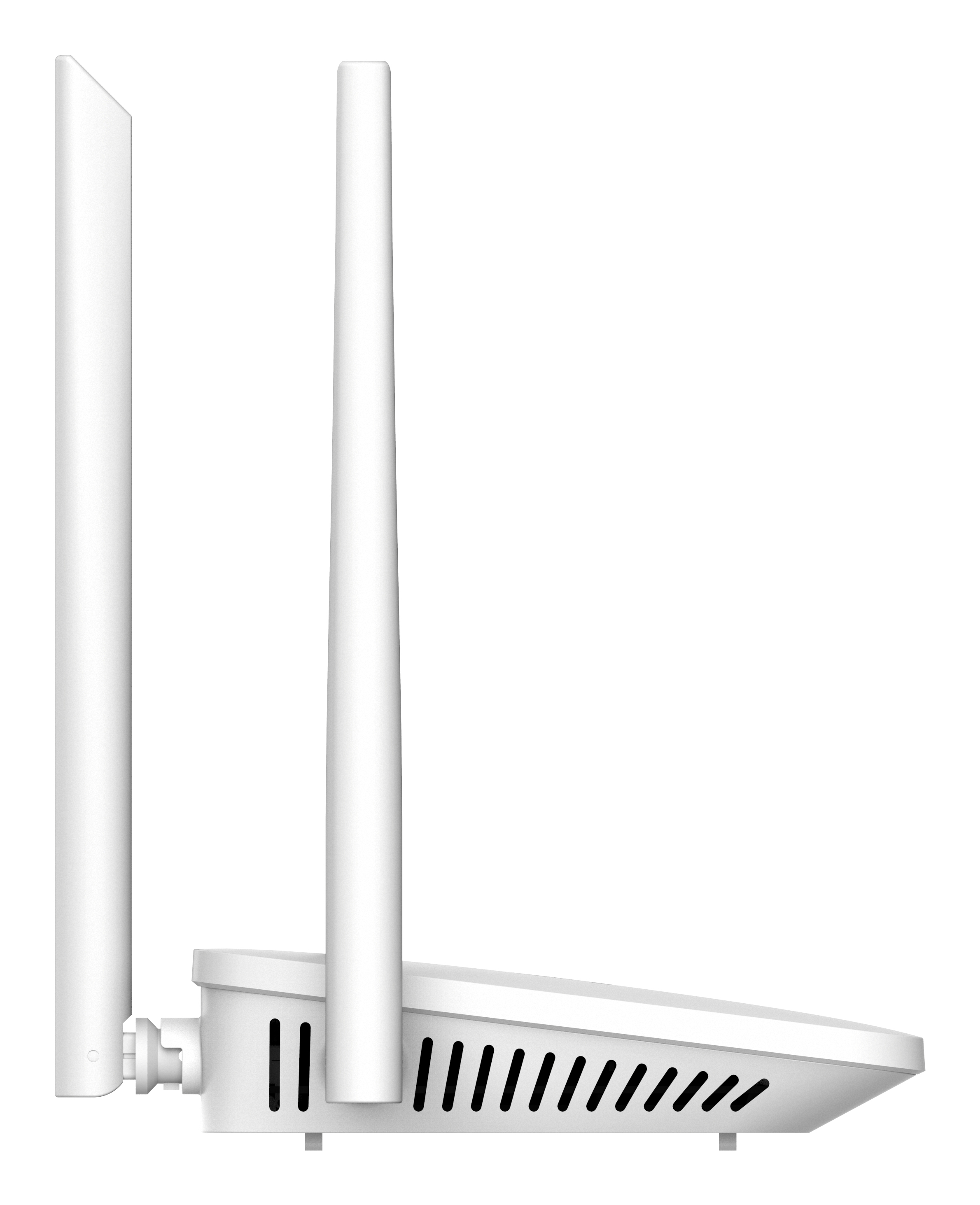 Biały router z dwiema antenami z boku. Urządzenie jest prostokątne i ma porty.