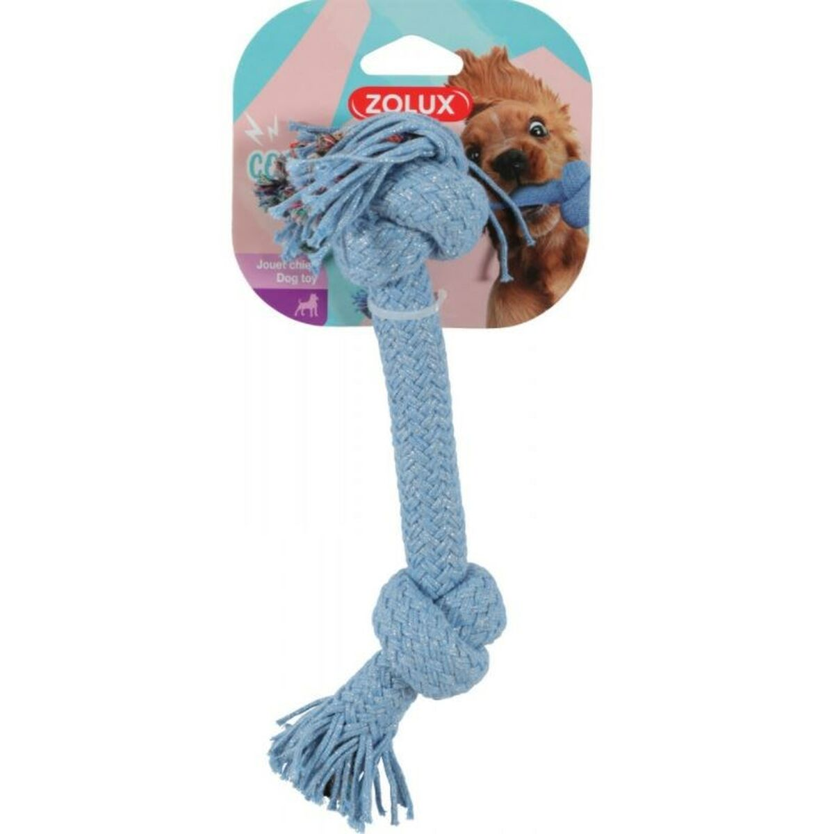 A blue dog toy with a knotted rope design and a ZOLUX tag.