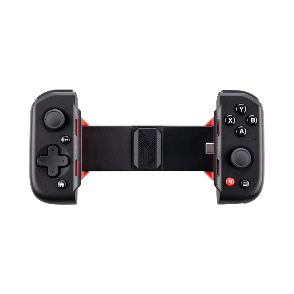 Czarny kontroler do gier z czerwonymi akcentami. Przyciski, joystick i port USB-C.