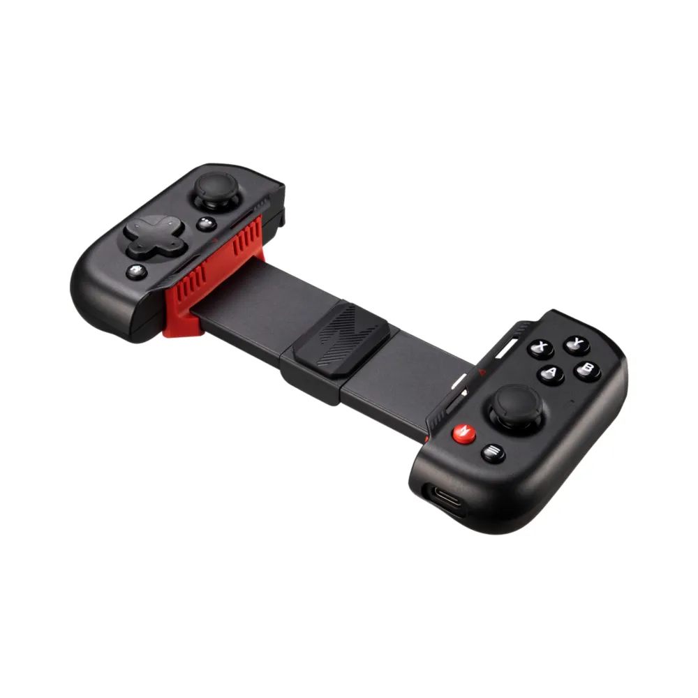 Czarny gamepad. To kontroler mobilny z przyciskami i joystickami. Zawiera czerwone akcenty.