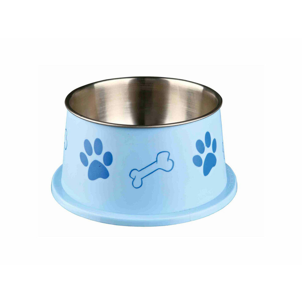 Ciotola blu per cani con impronte di zampe blu e un osso. La ciotola è su una base blu, su sfondo bianco.