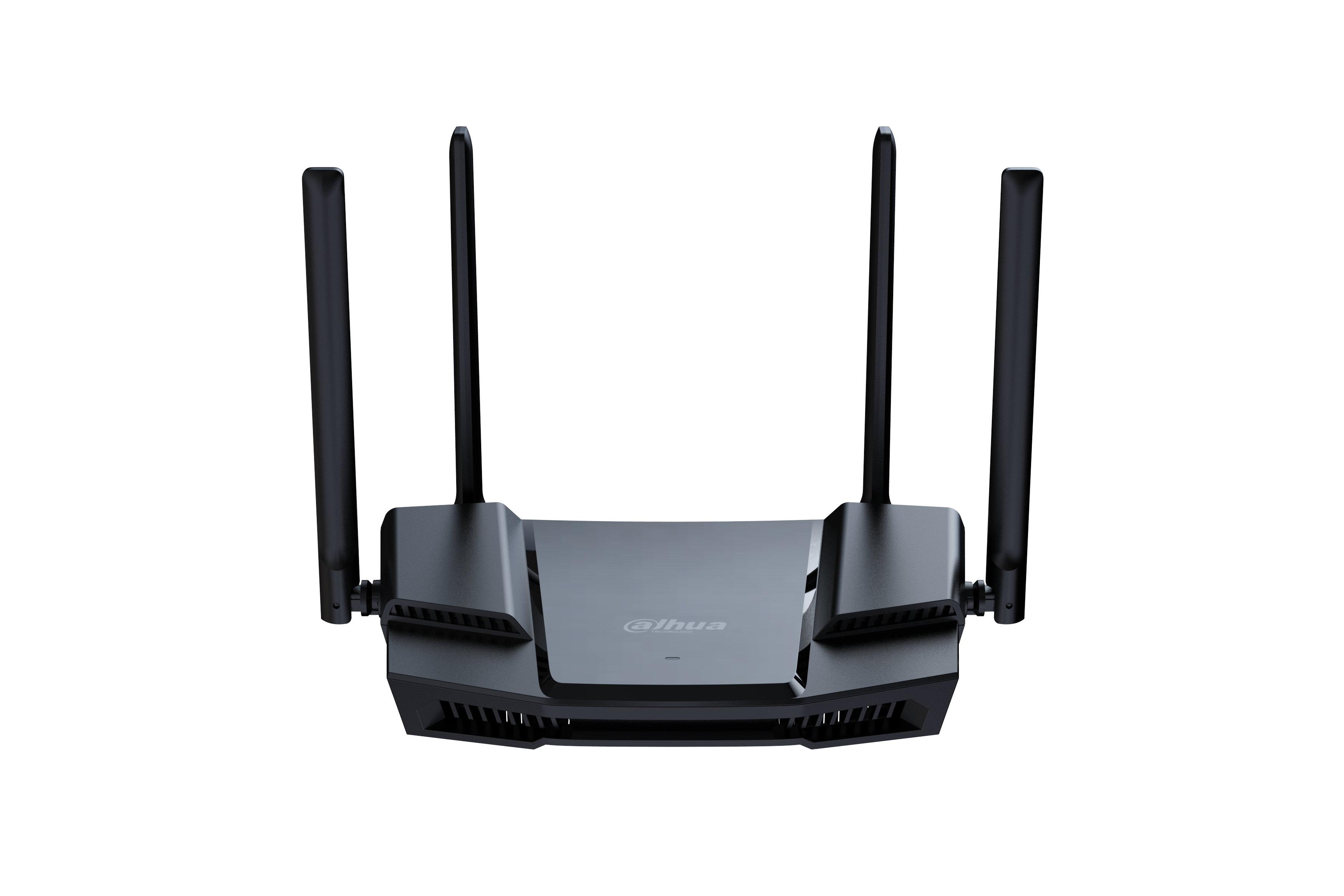 Schwarzer Netzwerkrouter mit vier Antennen. Er steht auf einer weißen Oberfläche.