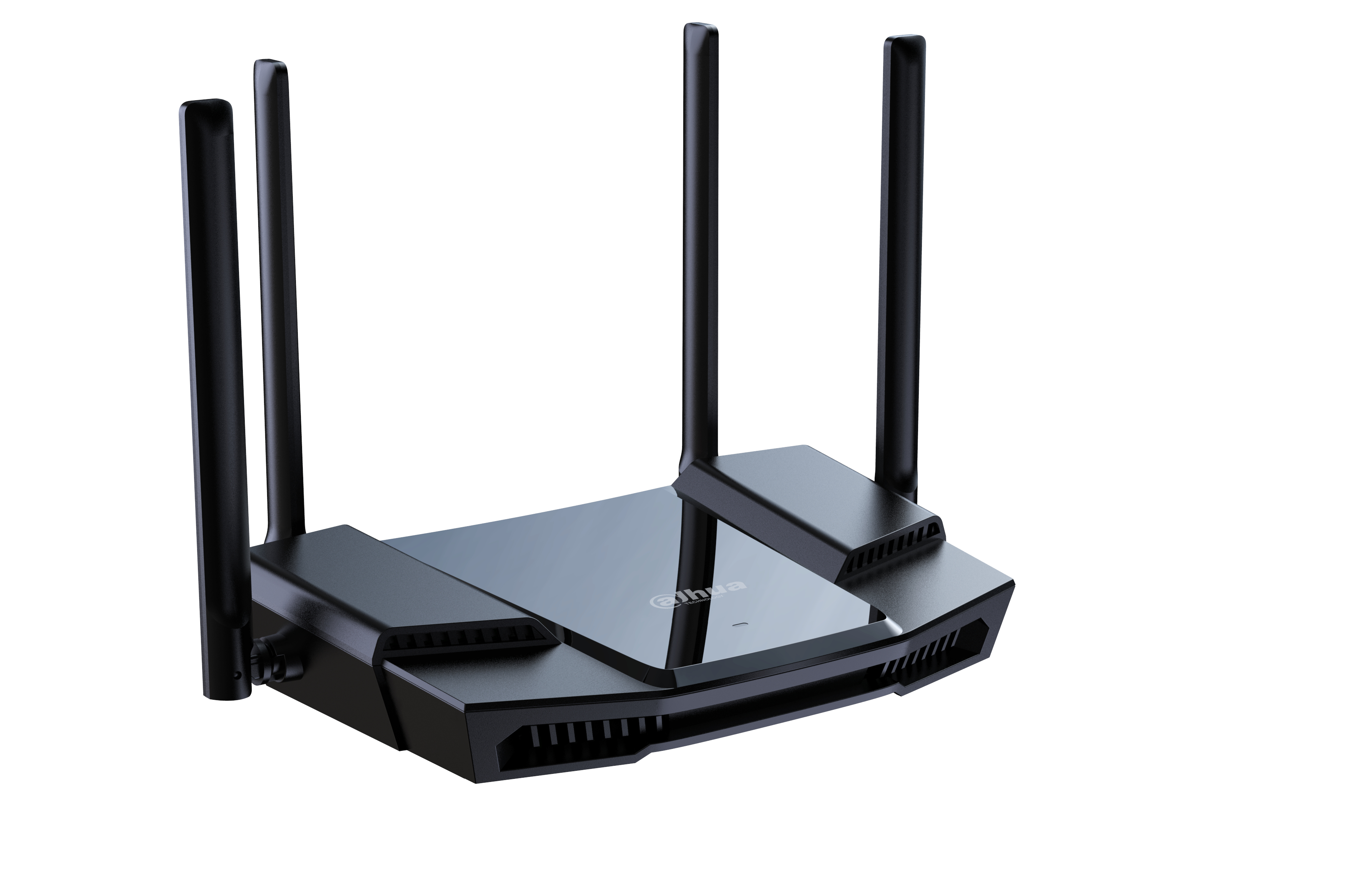 Schwarzer Netzwerkrouter mit vier Antennen. Isoliert auf weißem Hintergrund.