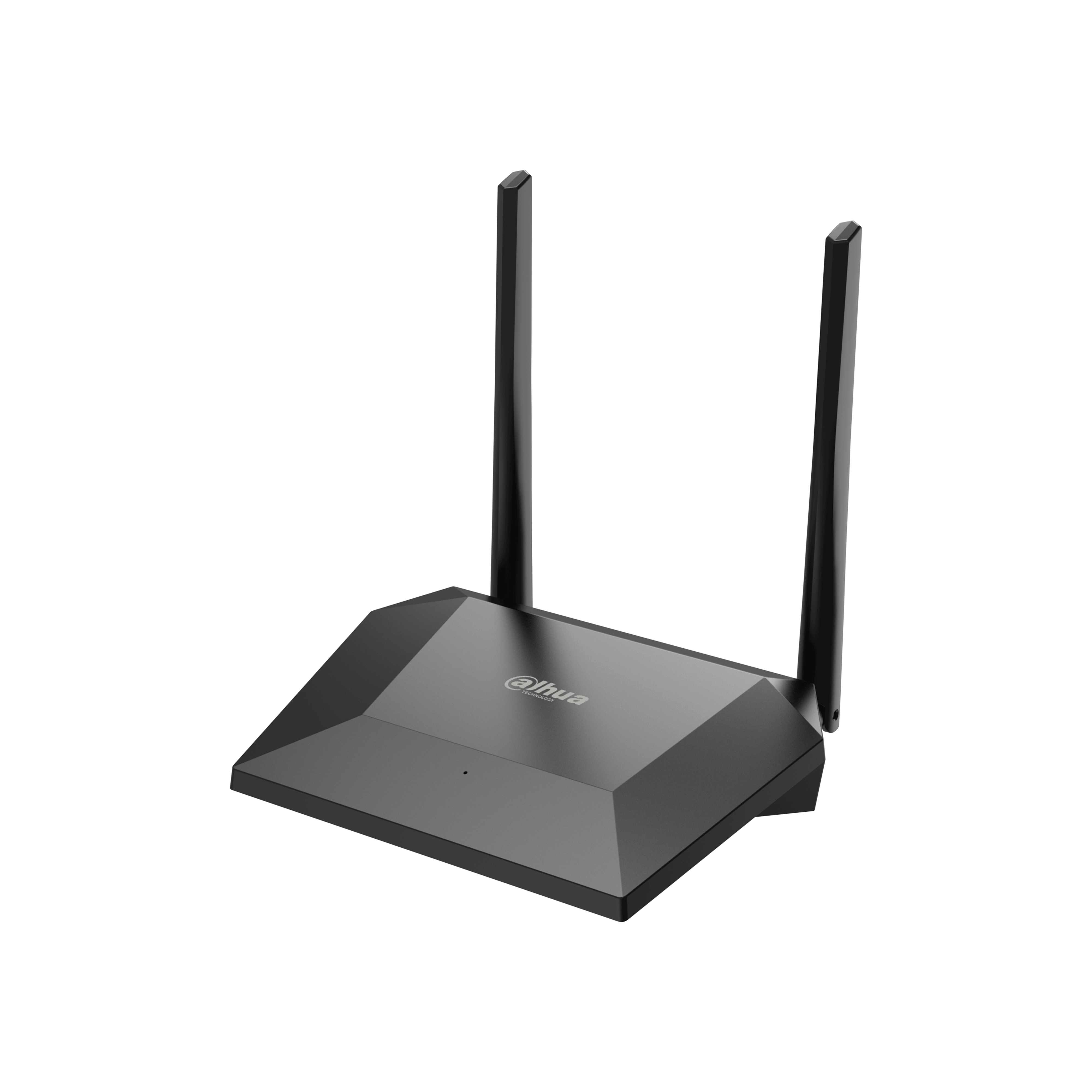 Un router Dahua nero con due antenne. Il logo è visibile sulla parte anteriore. Su sfondo bianco.