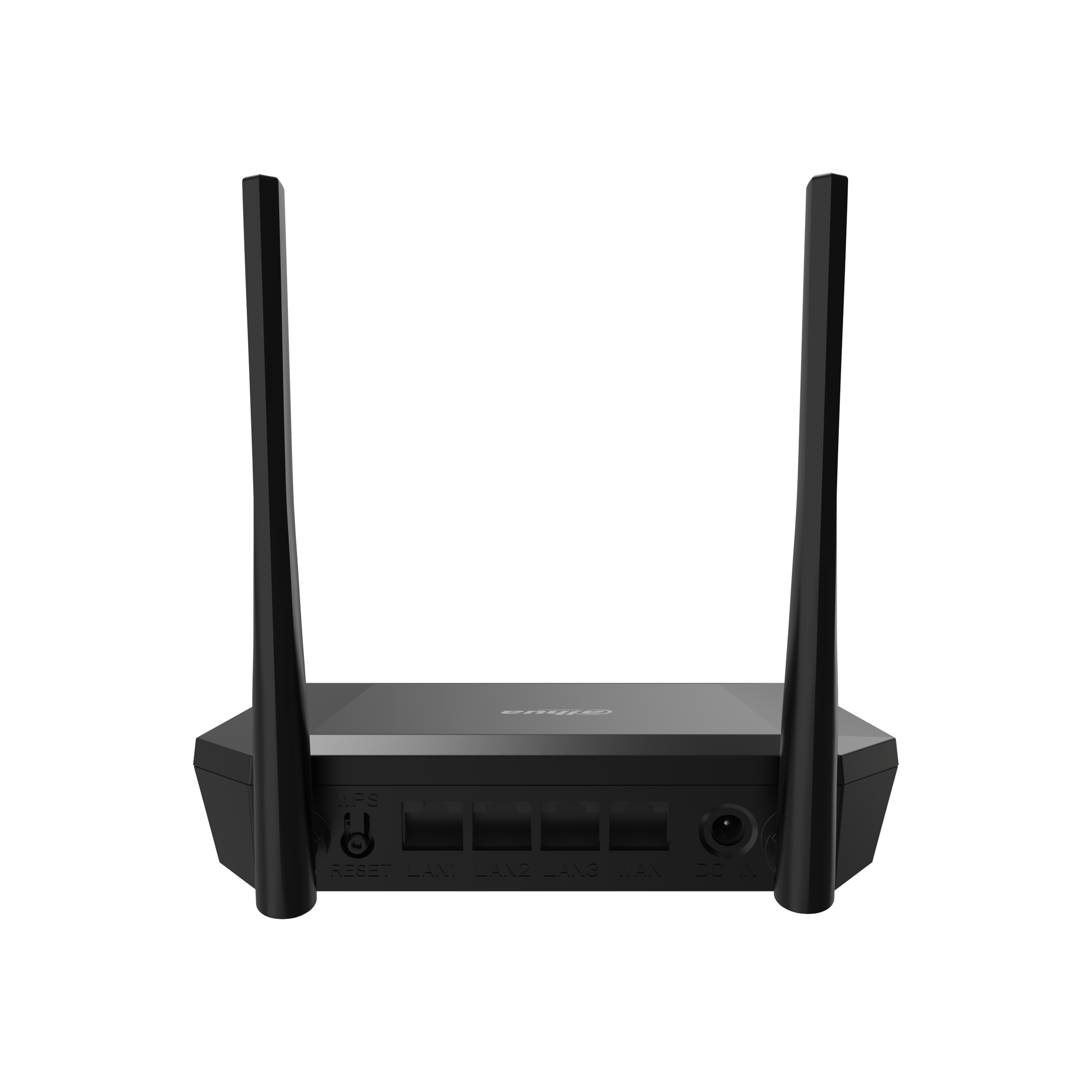 Il retro di un router nero con quattro antenne. Ha porte e un pulsante di reset. Sfondo bianco.