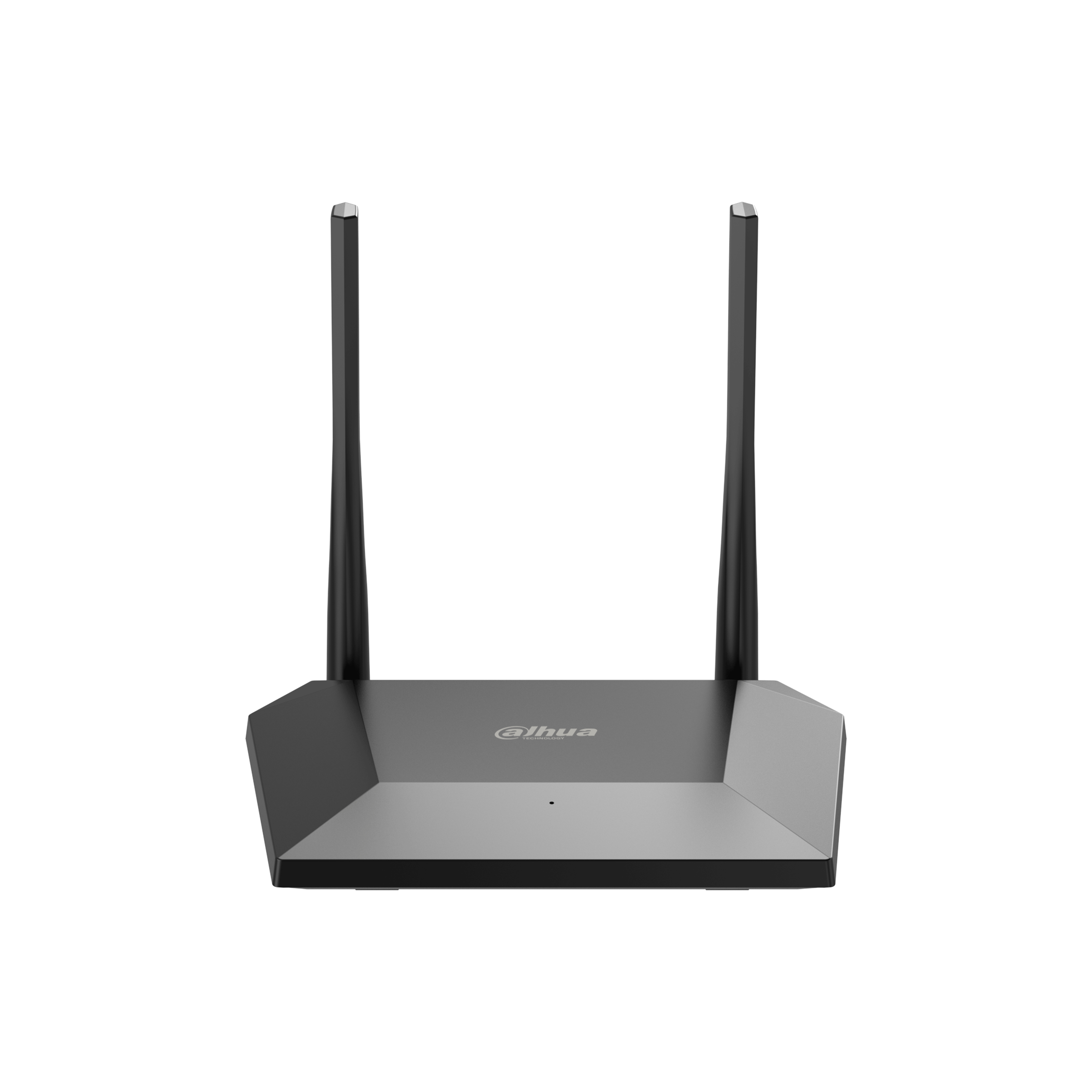 Router nero con due antenne, vista dall'alto, su sfondo bianco.