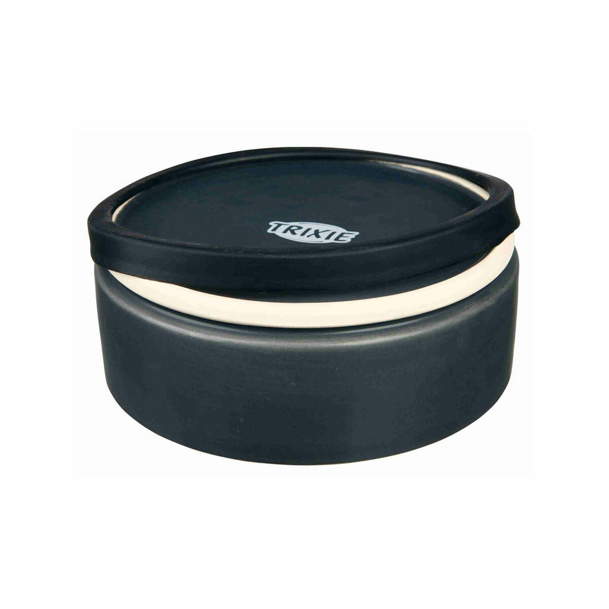 Czarno-biały pojemnik z pokrywką. Pokrywka ma napis 'TRIXIE'.