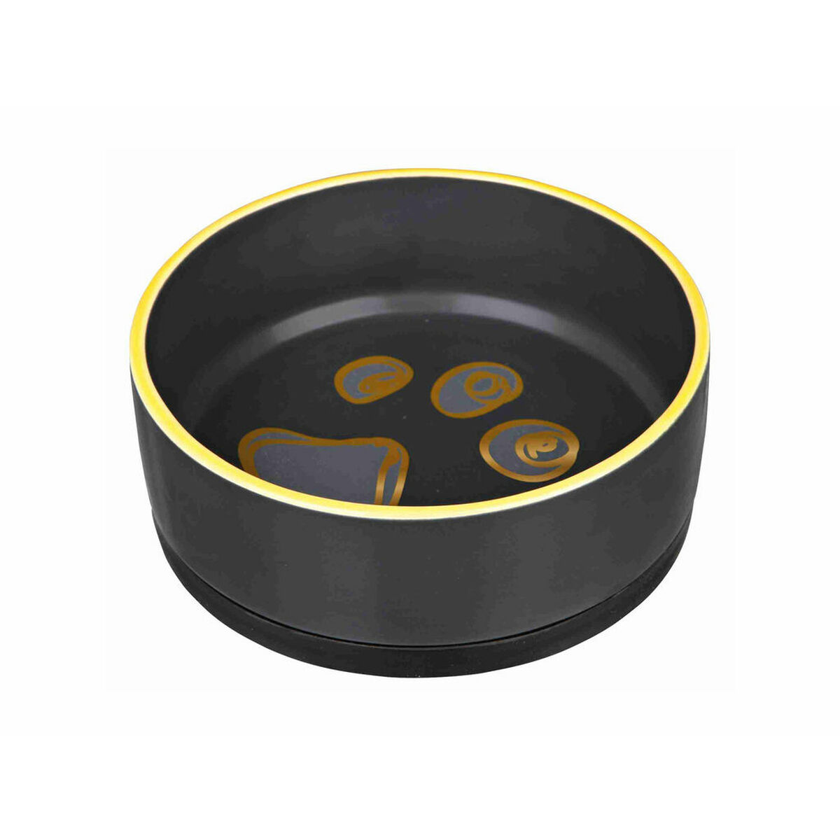 Czarna miska dla psa ze złotą obwódką, złotymi śladami łap i kością. Czarna podstawa.