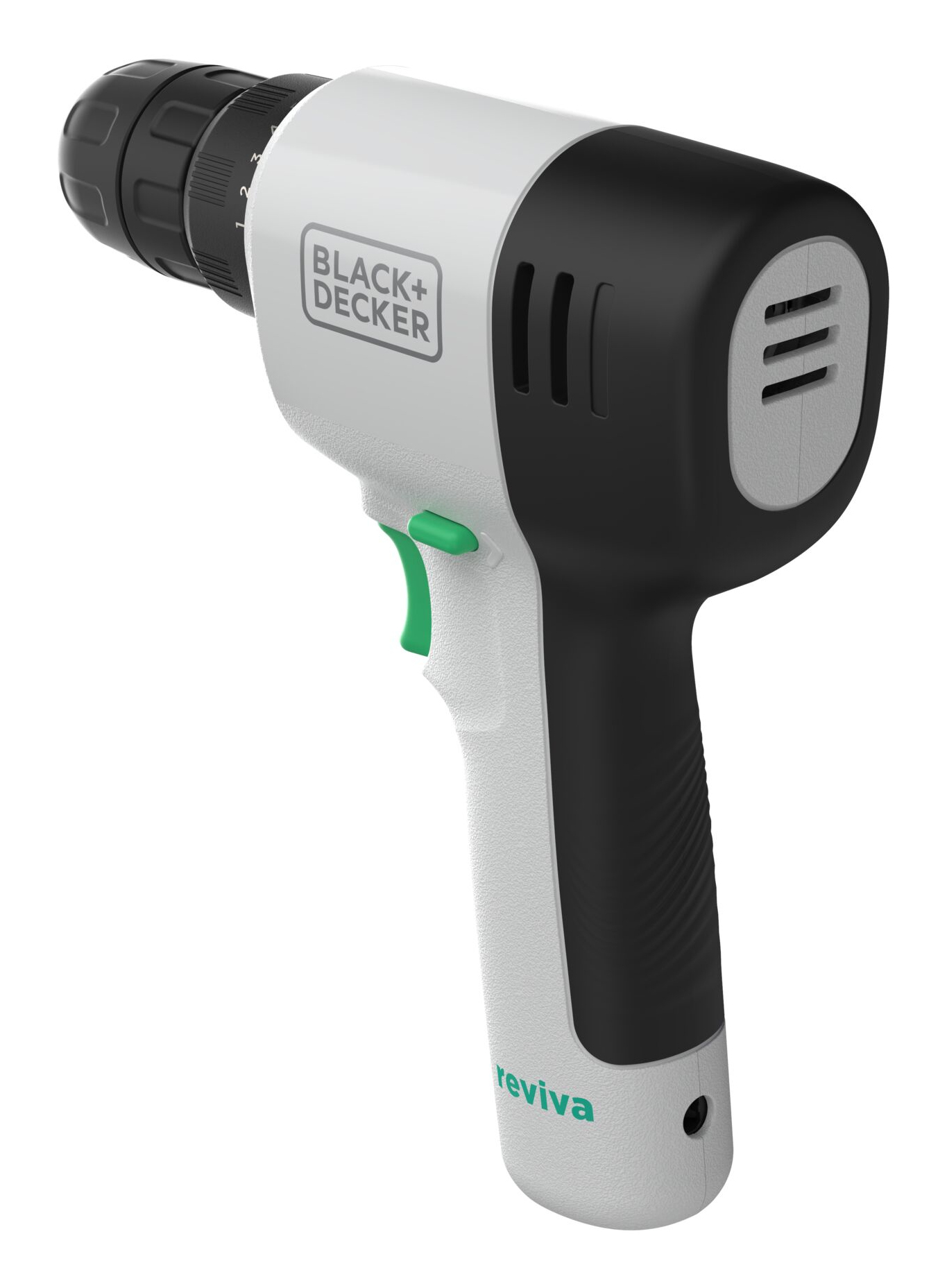Biało-czarna wiertarka BLACK+DECKER Reviva z zielonym spustem i wiertłem.