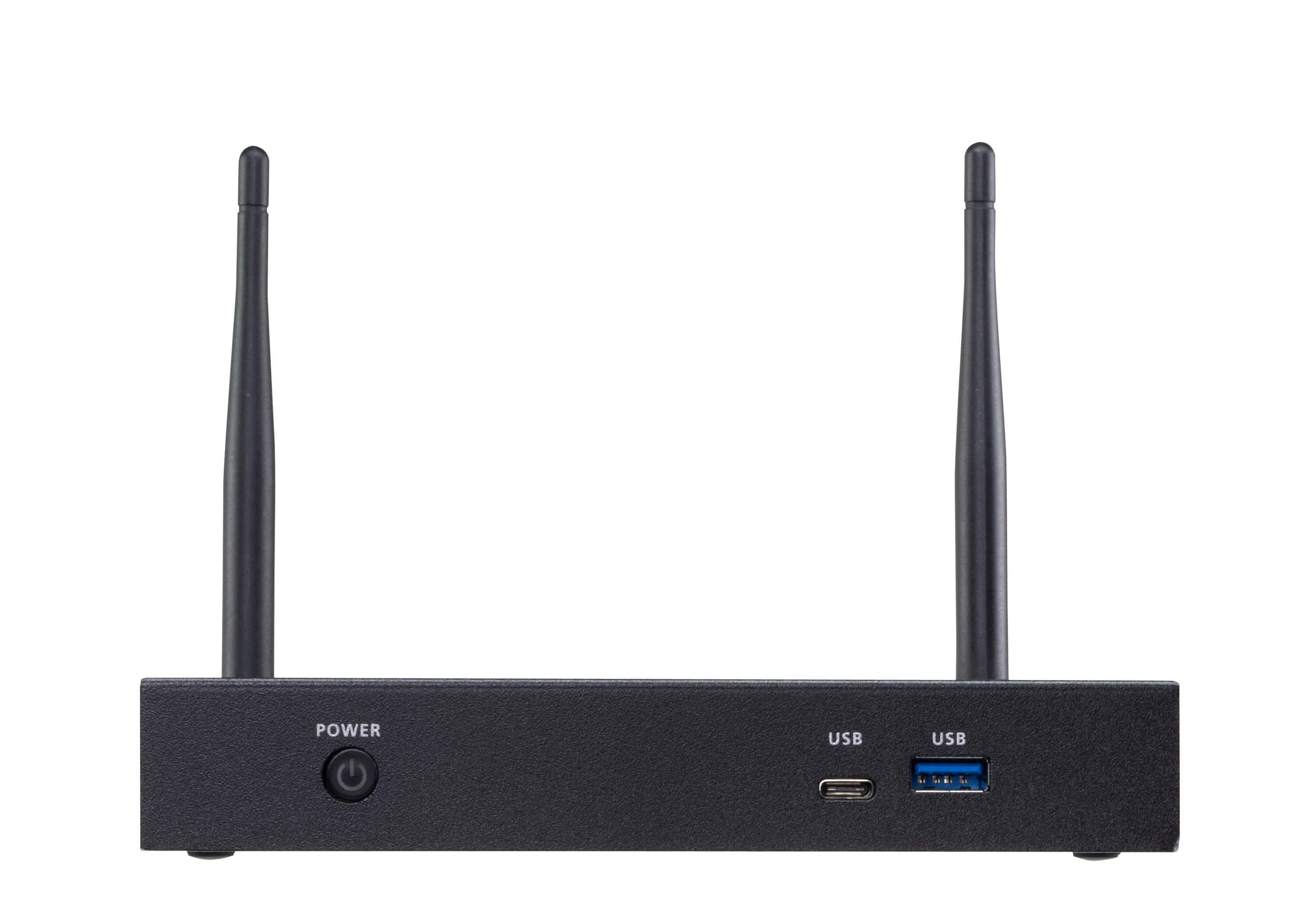 Black router with two antennas, power button, and USB ports on a white background.