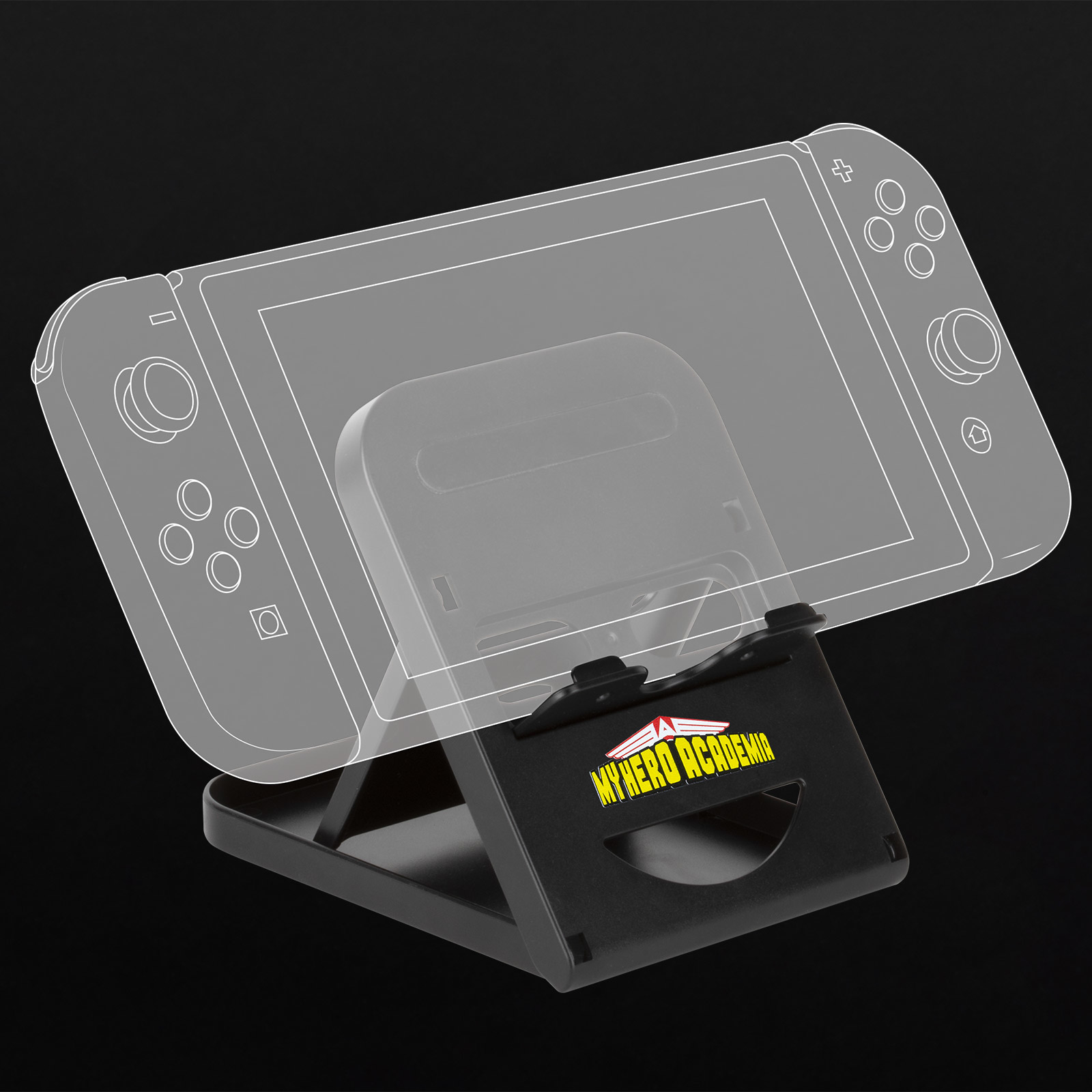 Stojak My Hero Academia Switch z przezroczystym obrysem Switcha. Czarne tło.