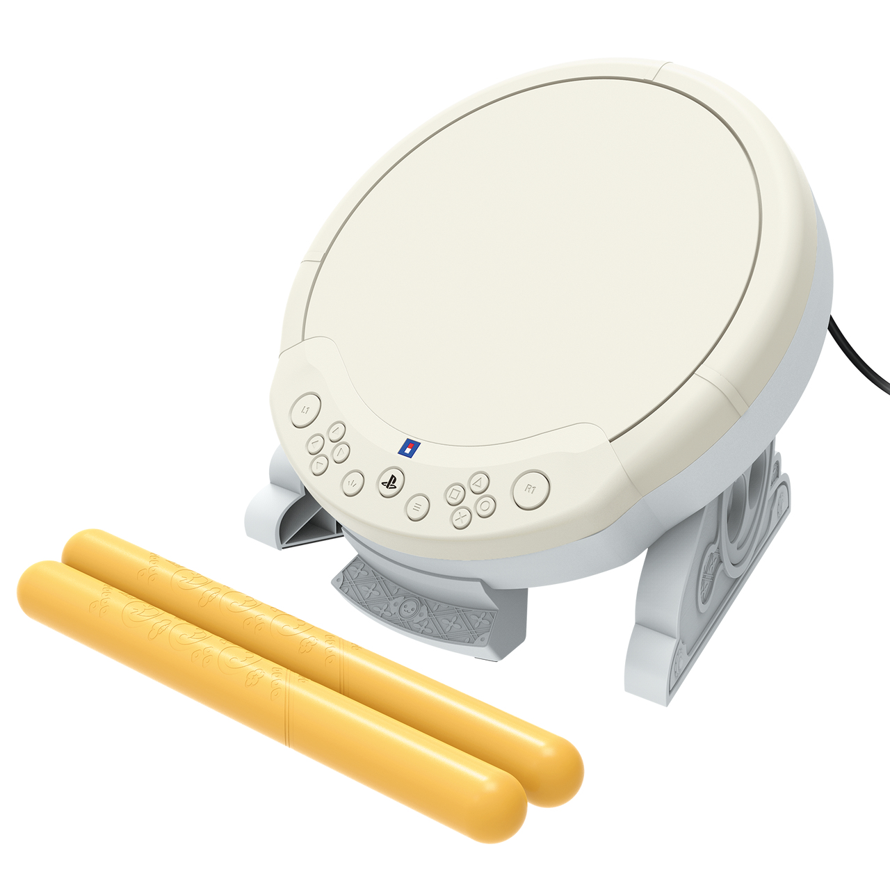 Biały bęben z żółtymi pałeczkami na białym tle, z przyciskami i niebieskim logo.