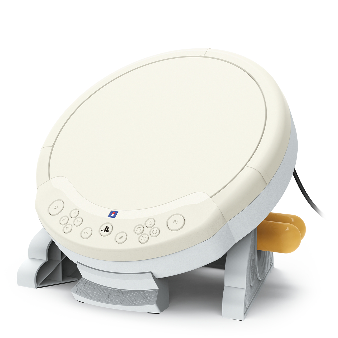 Biały bęben, widok z tyłu, z logo i przyciskami na górze oraz żółtym pedałem.