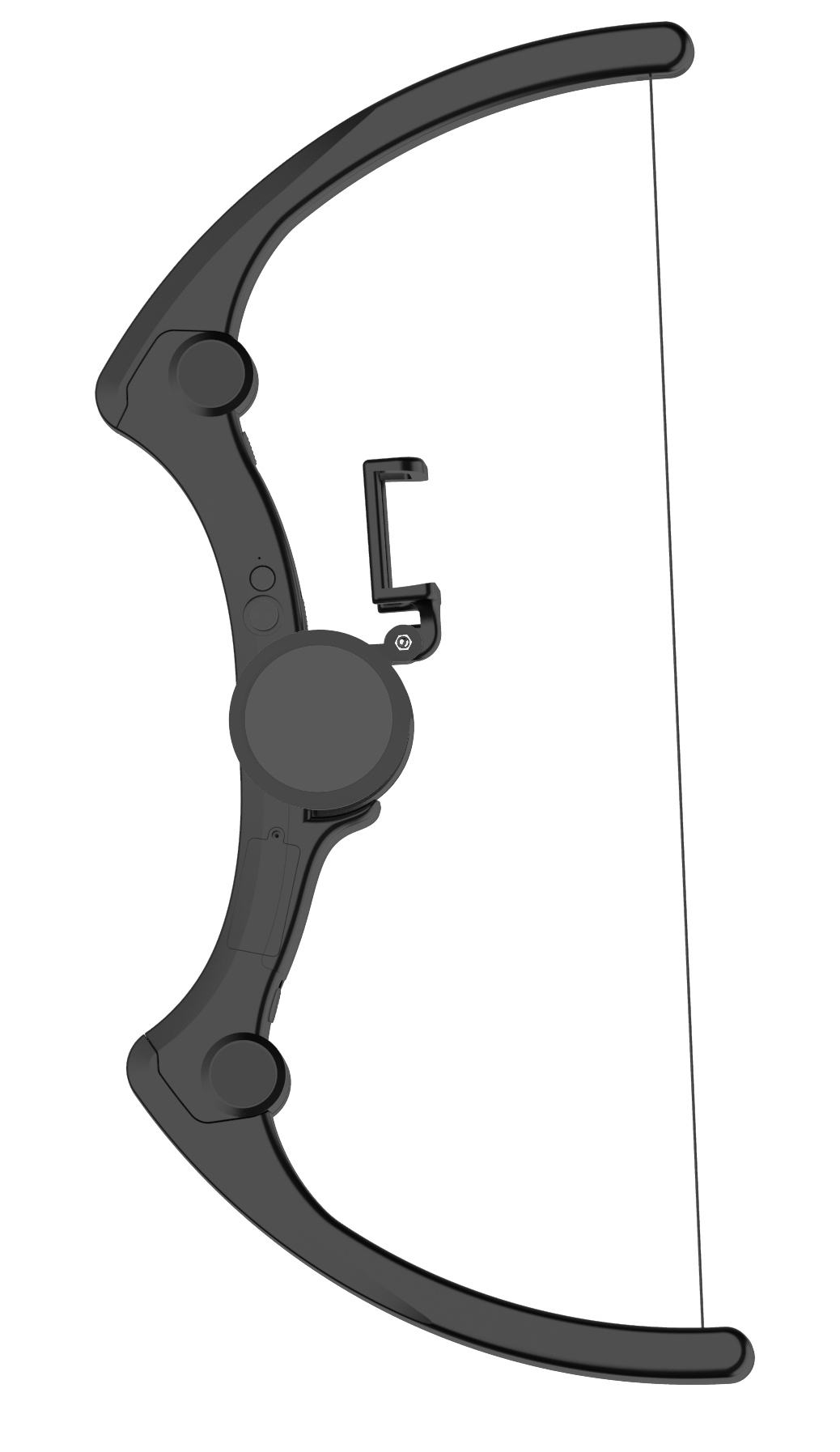 Un dispositivo di gioco nero a forma di arco con una corda e un pulsante centrale.