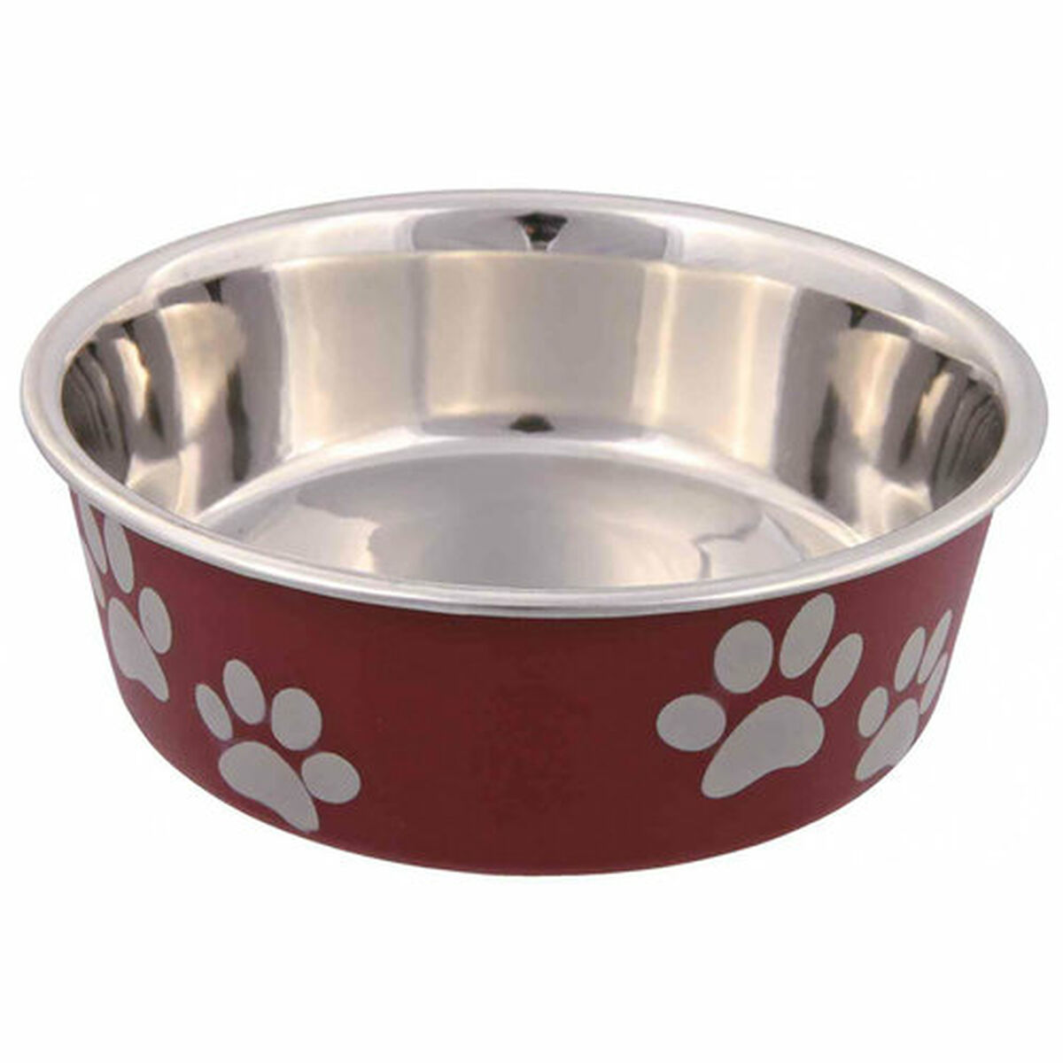 Ciotola rossa per cani con impronte di zampe bianche, su sfondo bianco.