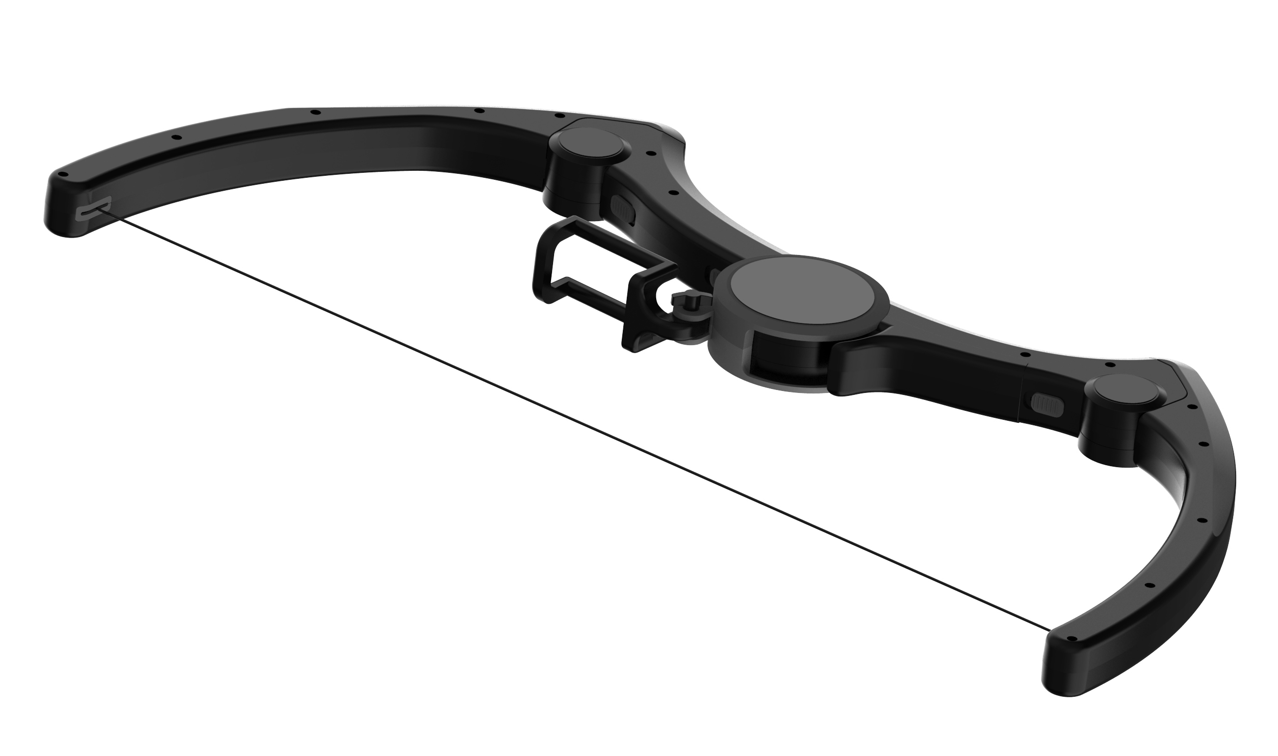 Un dispositivo nero a forma di arco per il gioco. Ha una corda e vari pulsanti.