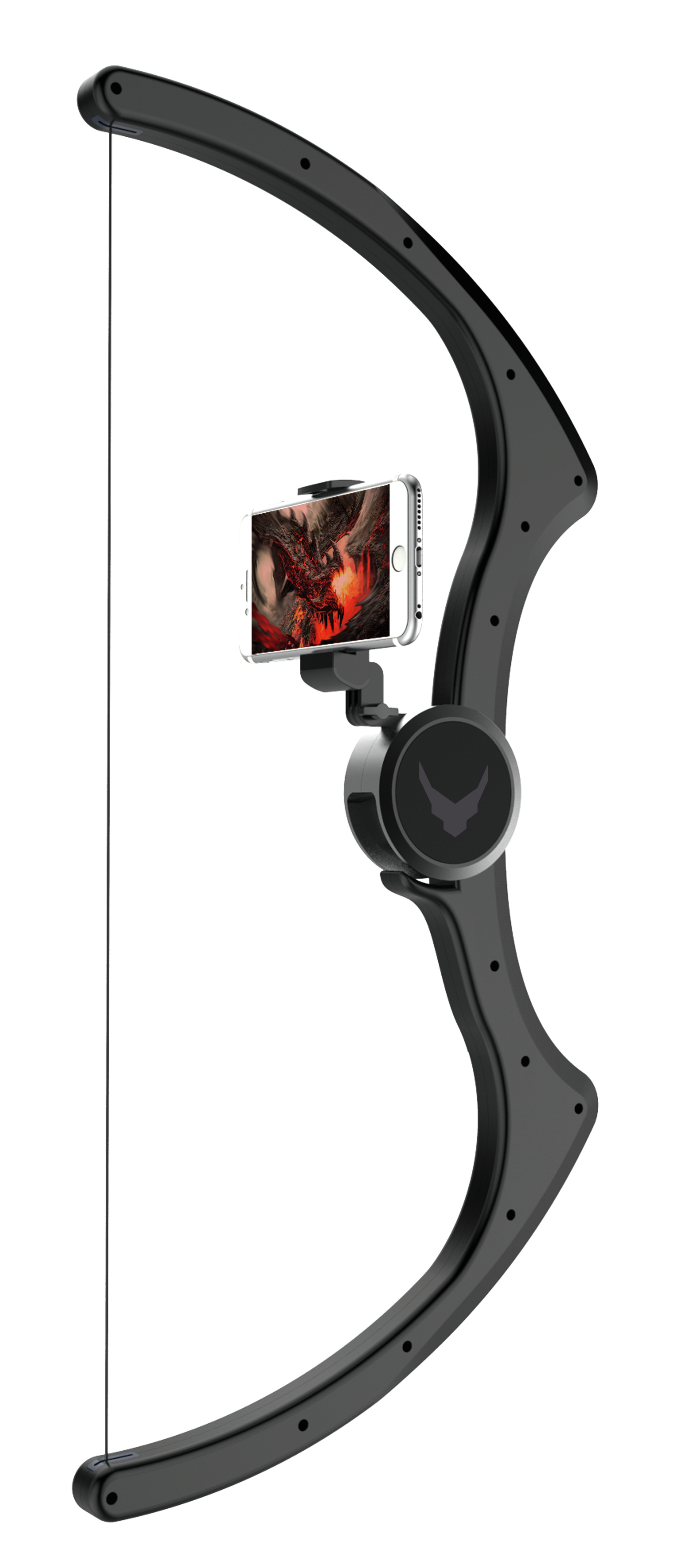 Dispositivo di gioco nero a forma di arco con supporto per telefono. Sfondo bianco.