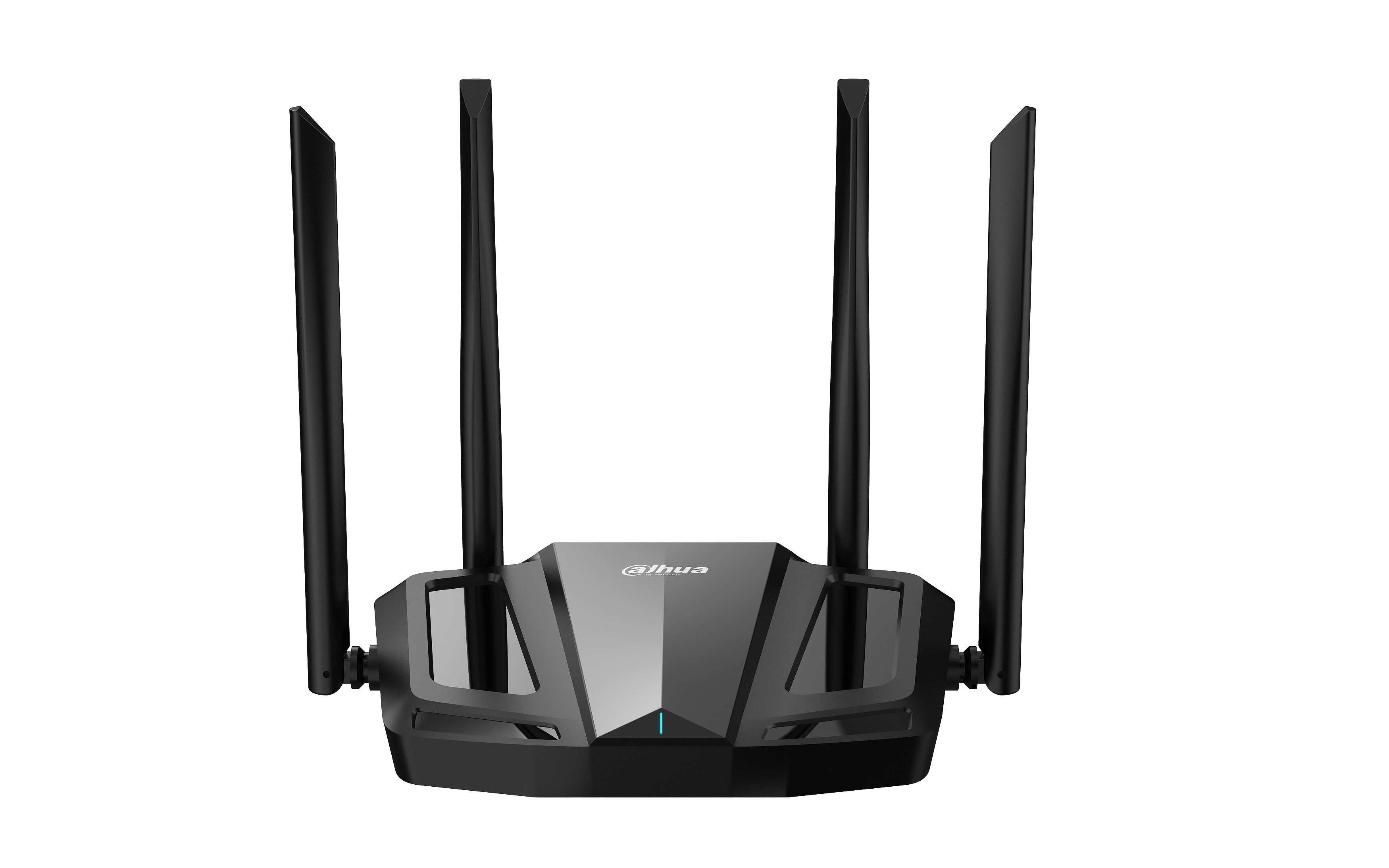 Schwarzer Router mit vier Antennen vor weißem Hintergrund.
