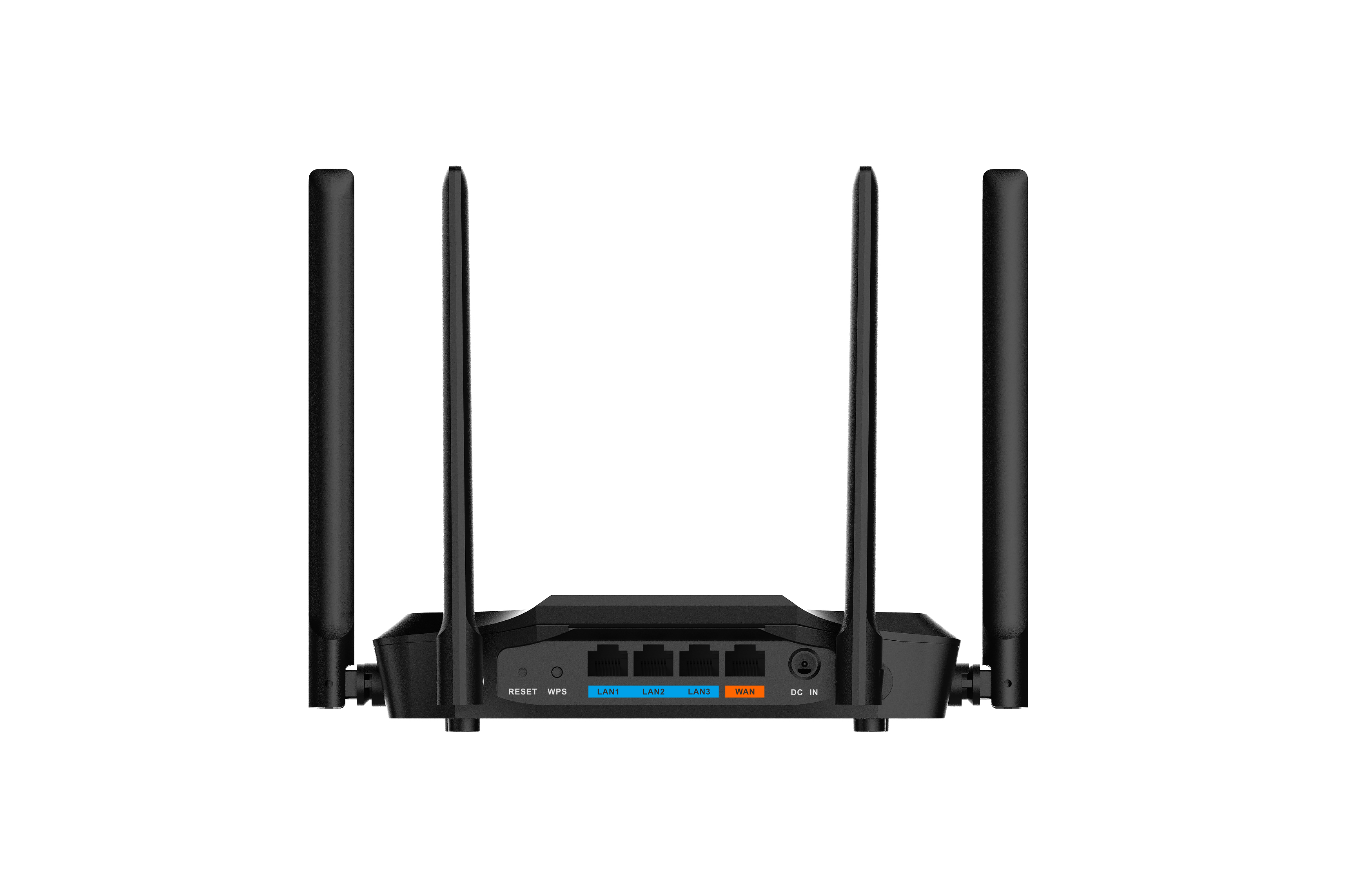 Schwarzer Router mit vier Antennen, verschiedenen Anschlüssen. Weißer Hintergrund.