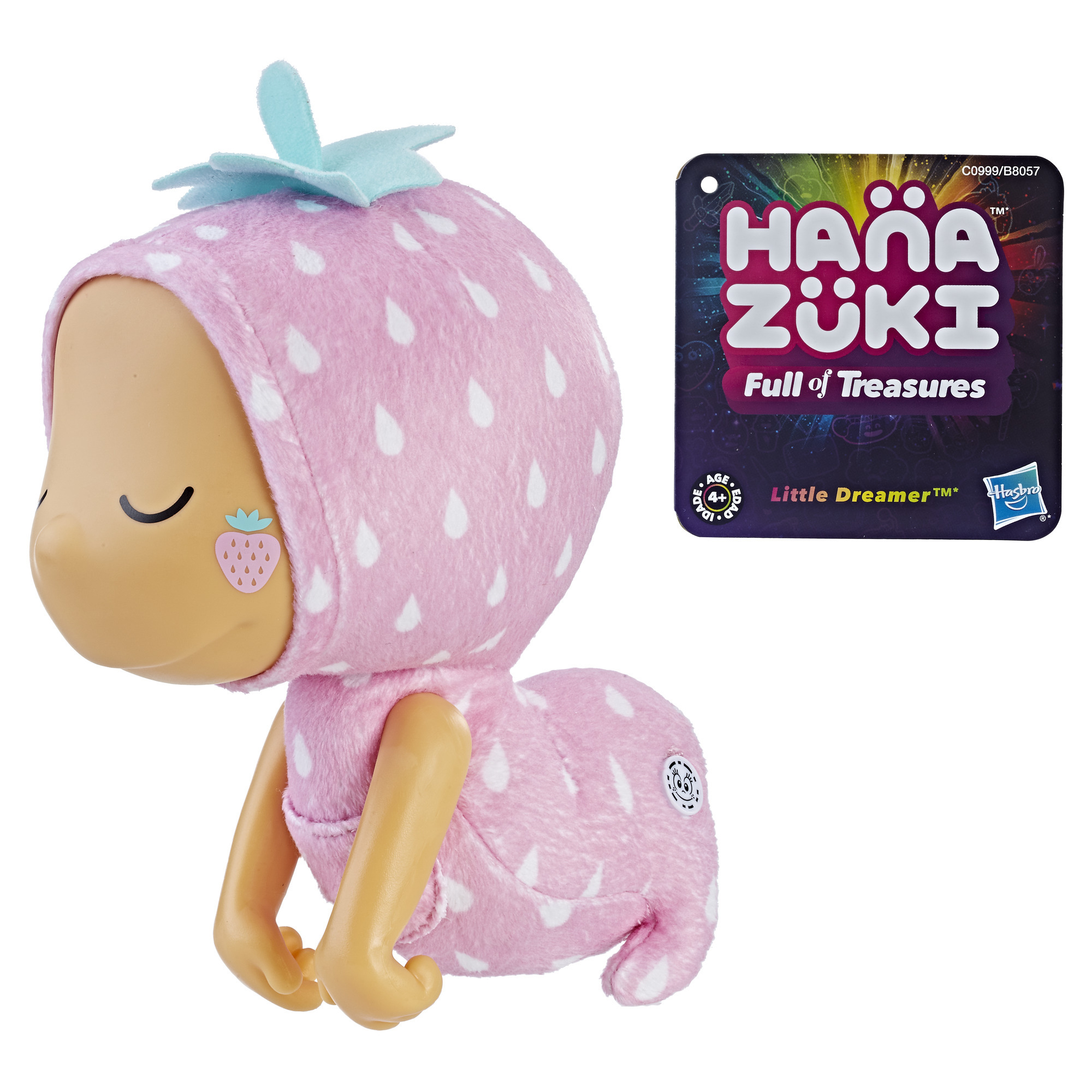 Hana Zuki Puppe im Erdbeerkostüm mit Anhänger, weißer Hintergrund.