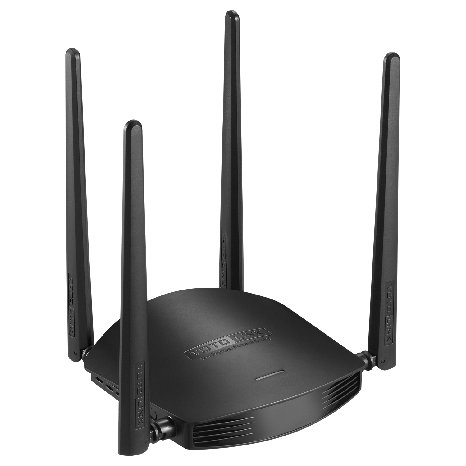 Czarny router Toto Link z czterema antenami na białym tle.
