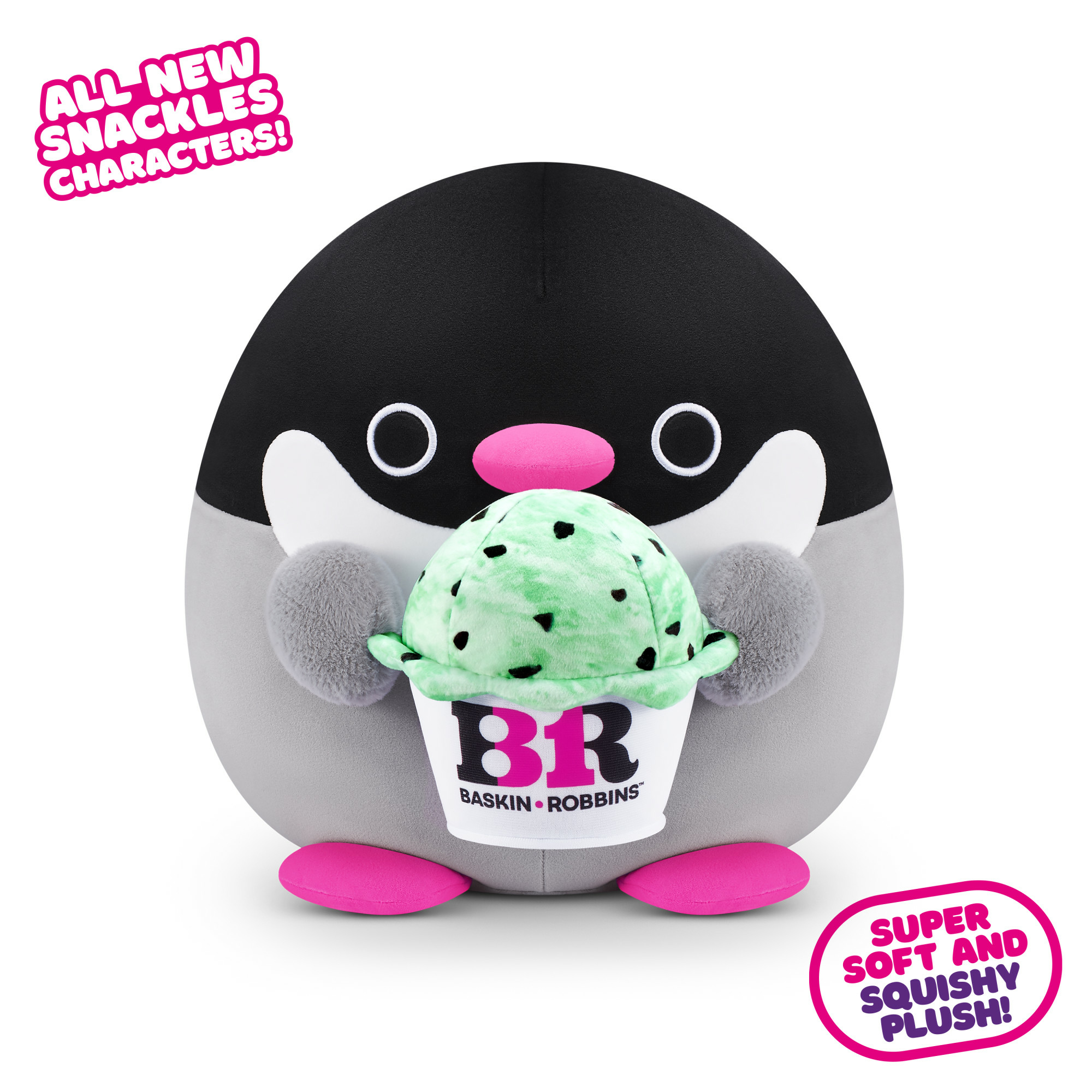 Pinguin-Plüschtier, das einen Baskin Robbins Eisbecher hält, weißer Hintergrund.