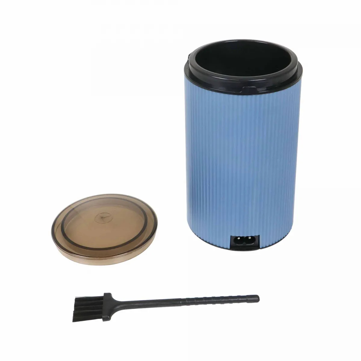 Niebiesko-czarny pojemnik na kosmetyki z pokrywką i pędzlem. Izolowany na białej powierzchni.