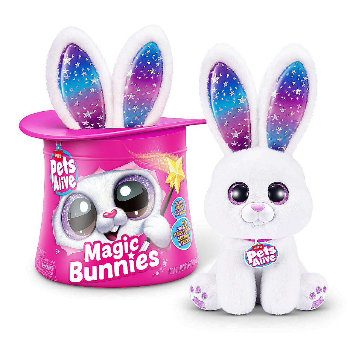 Spielzeug-Hase mit Hut und Zaubertricks. Weißer Hintergrund.