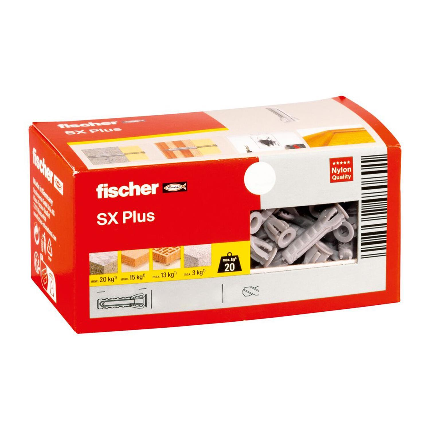 Orangefarbene Schachtel von Fischer SX Plus mit weißen und grauen Befestigungen. Die Box hat auch ein Diagramm.