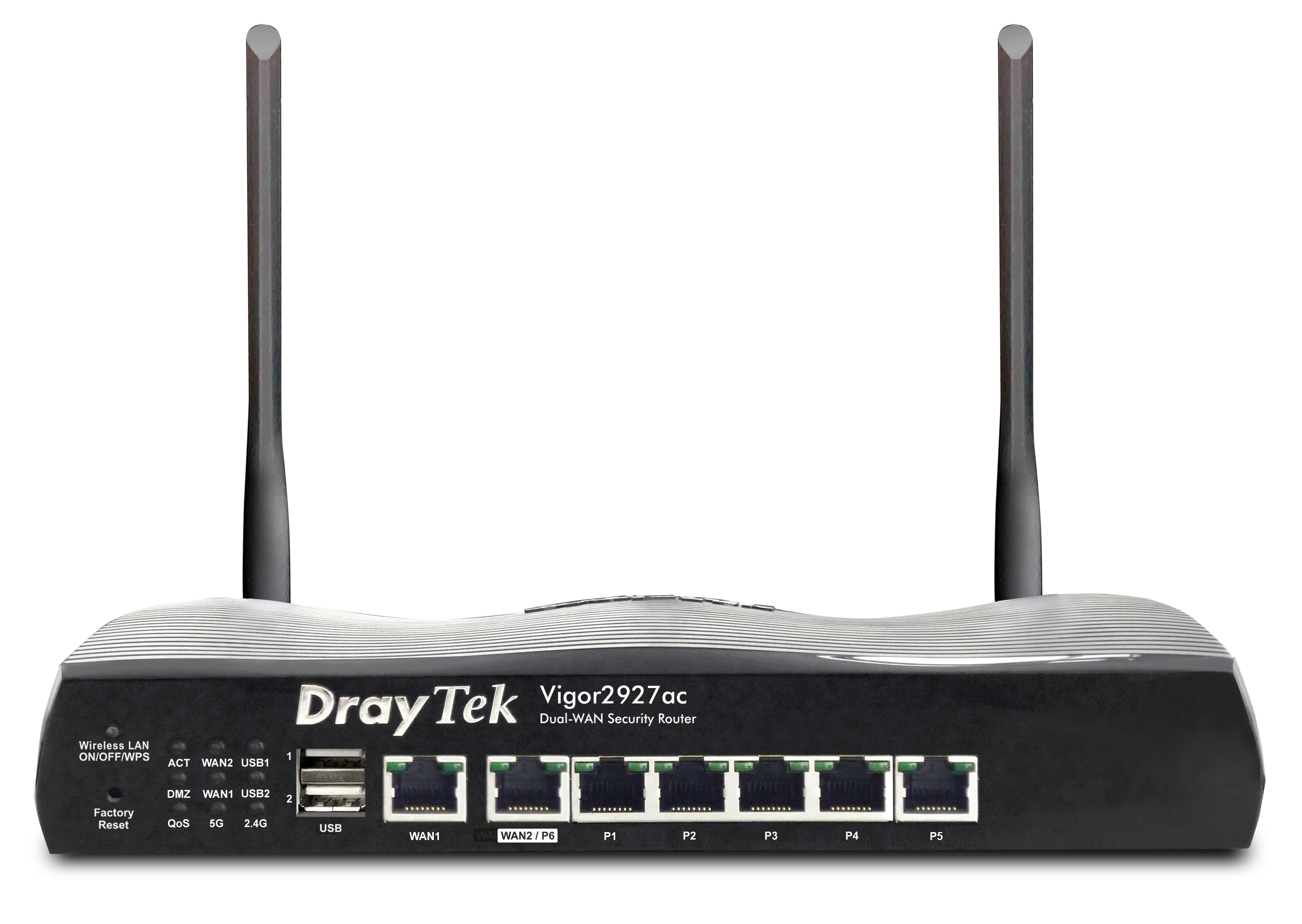 Router DrayTek nero con 2 antenne. Porte e luci frontali. Sfondo bianco.