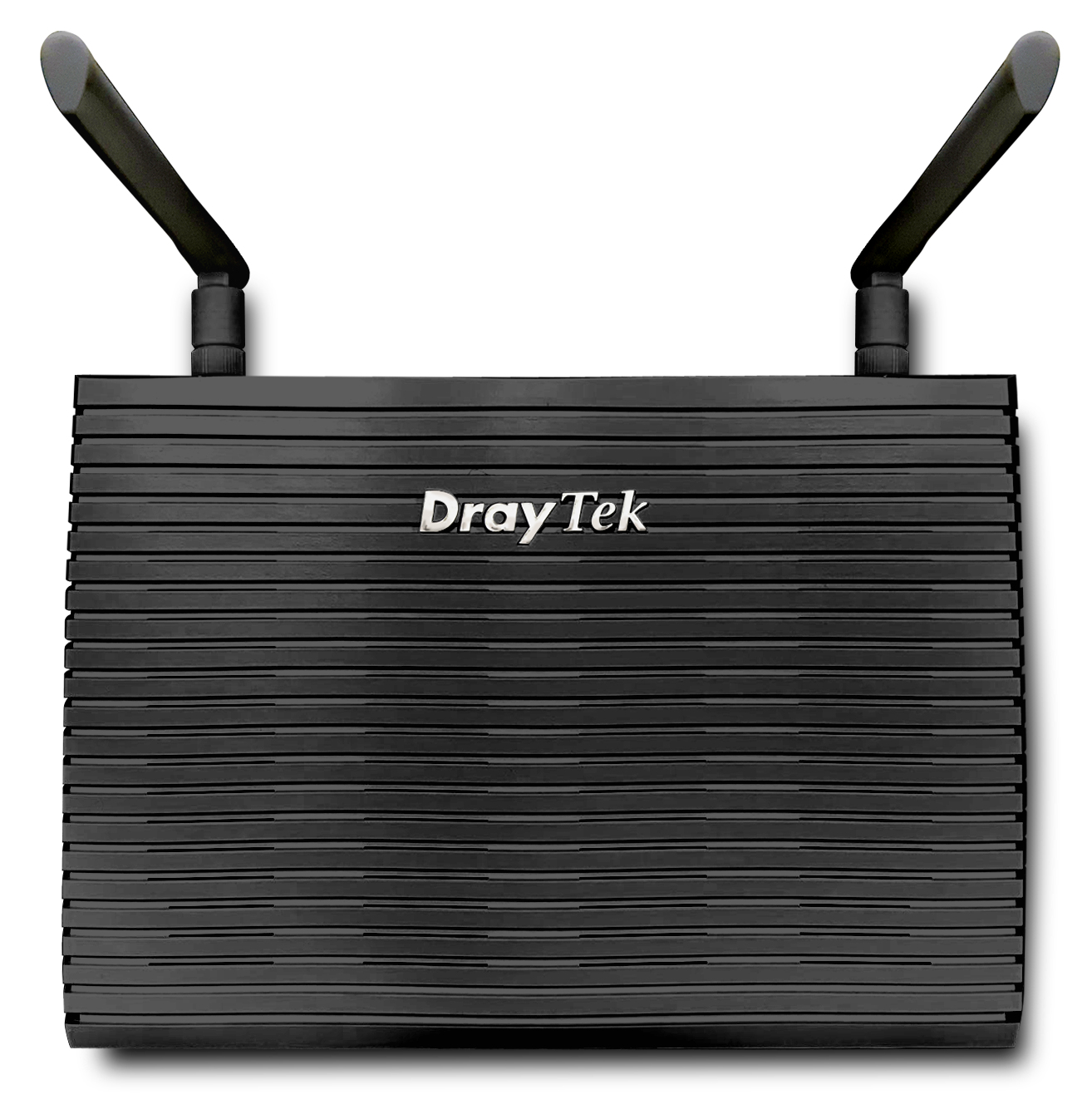 Router DrayTek nero con due antenne, su sfondo bianco.