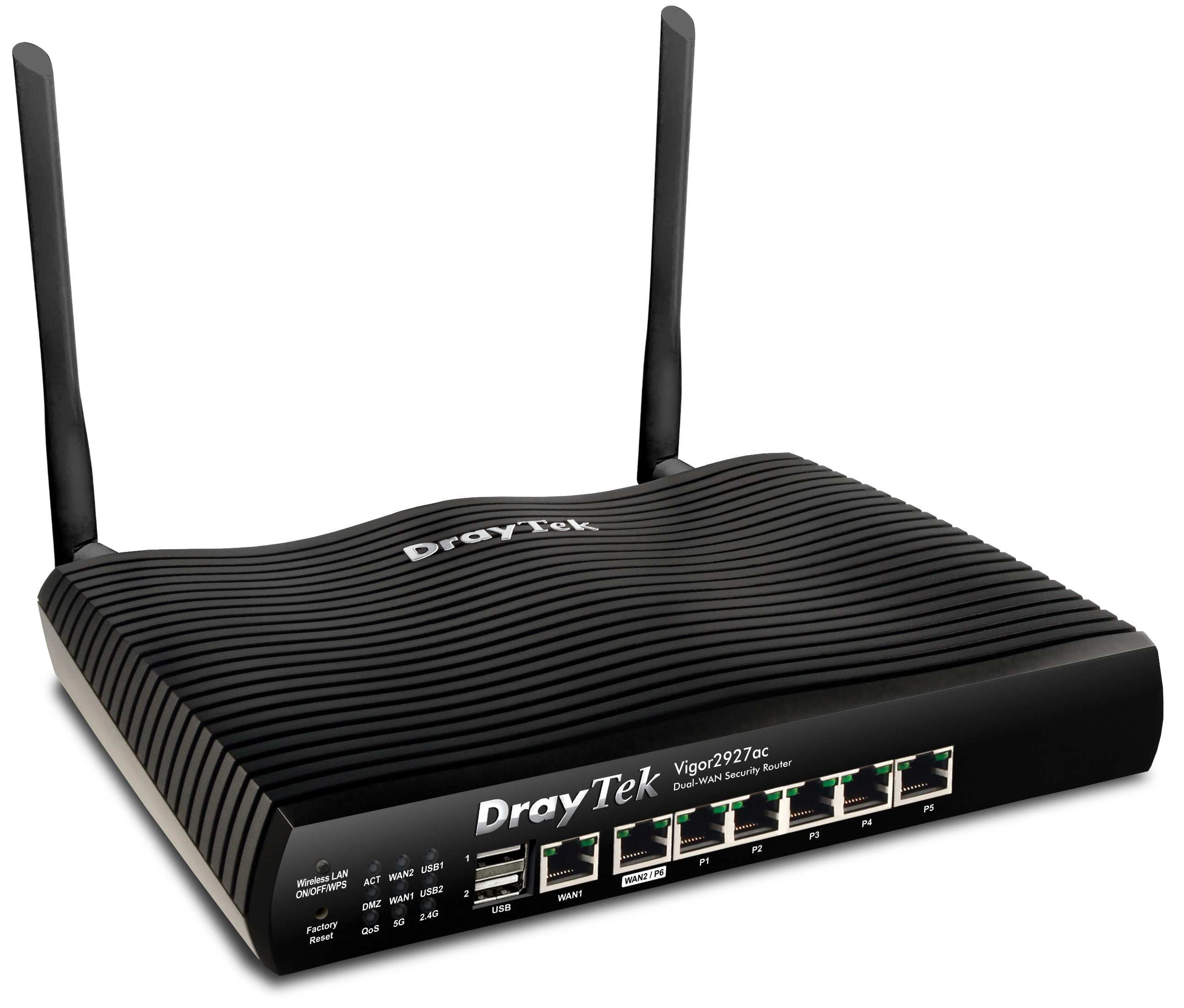 Router DrayTek nero con due antenne, vista angolata.