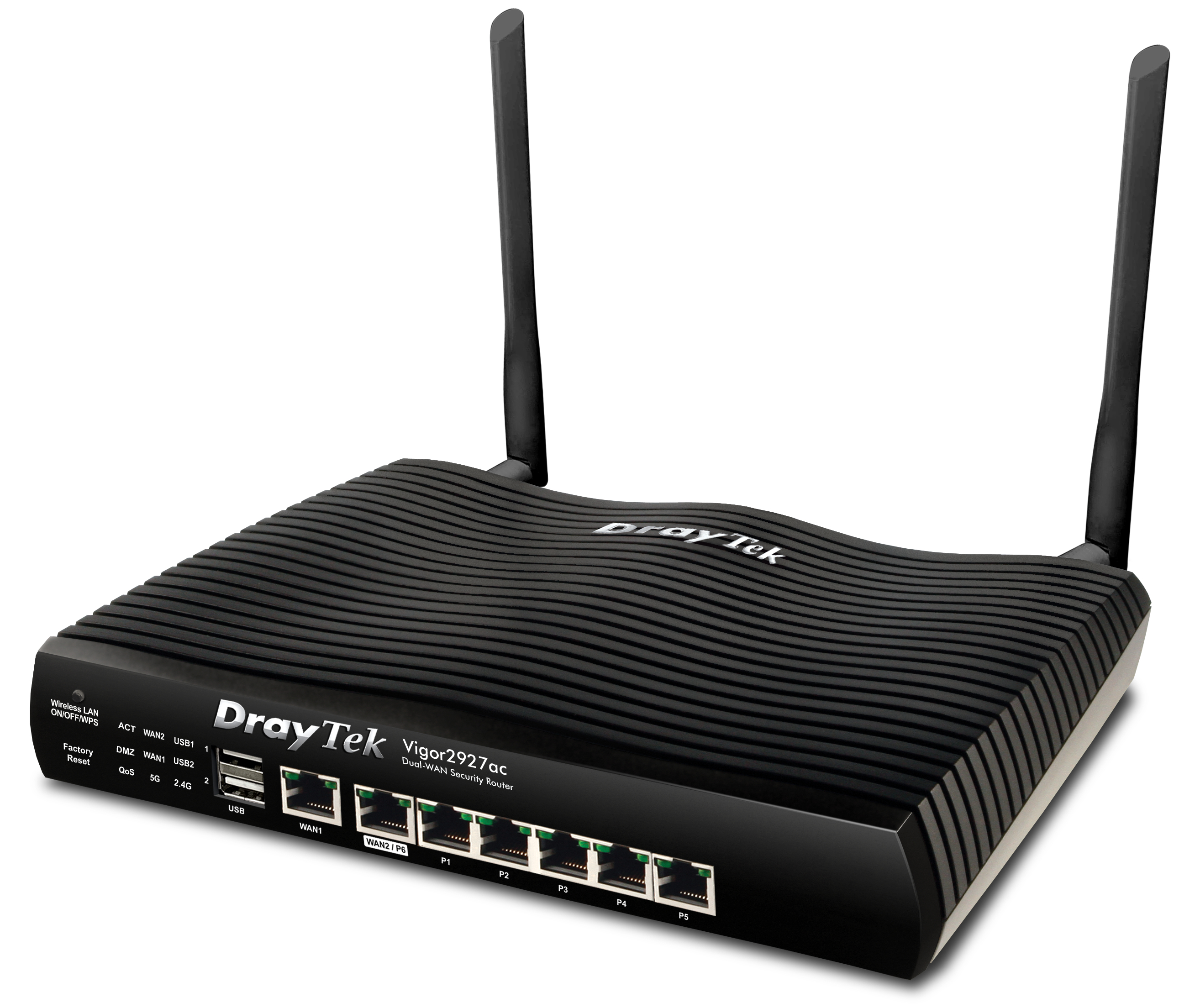 Router DrayTek nero con antenne. Testo: DrayTek Vigor2927ac.